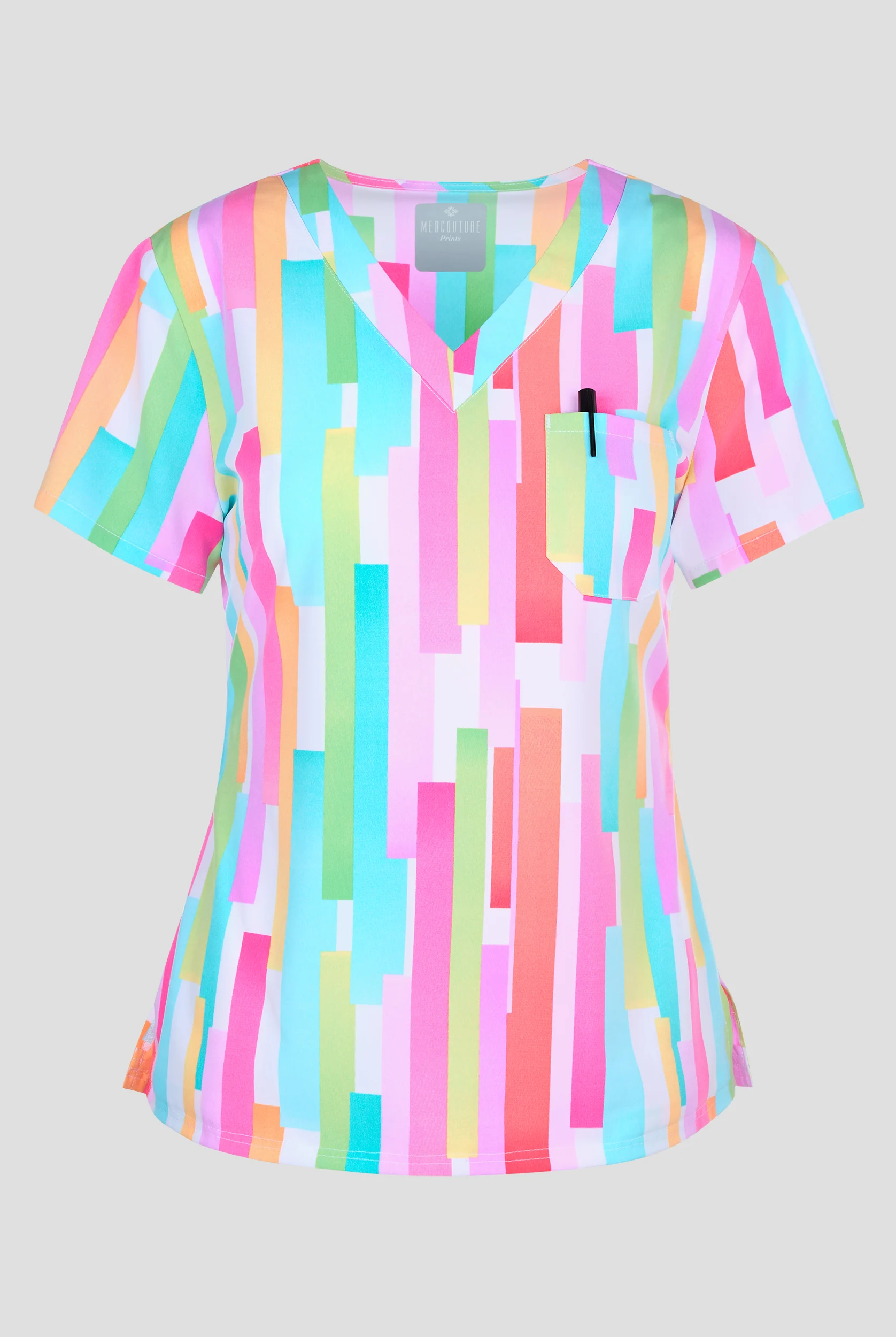 Med Couture Pop Stripes Women's 1-Pocket STRETCH Tuck- In V-Neck Print Scrub Top