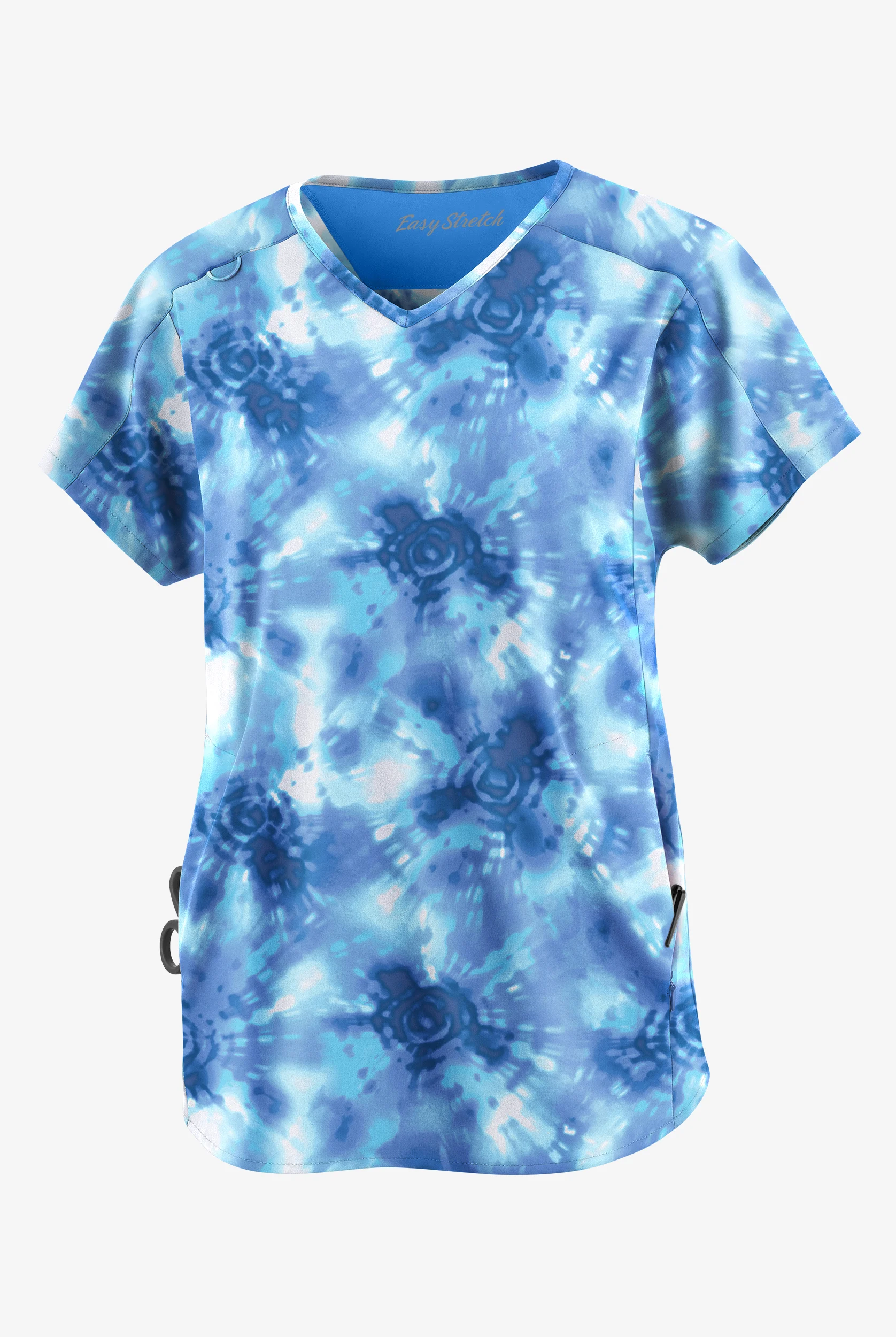 Easy STRETCH Osaka Tie-Dye Cerulean Women's 2-Pocket Dolman Sleeve V-Neck Print Scrub Top