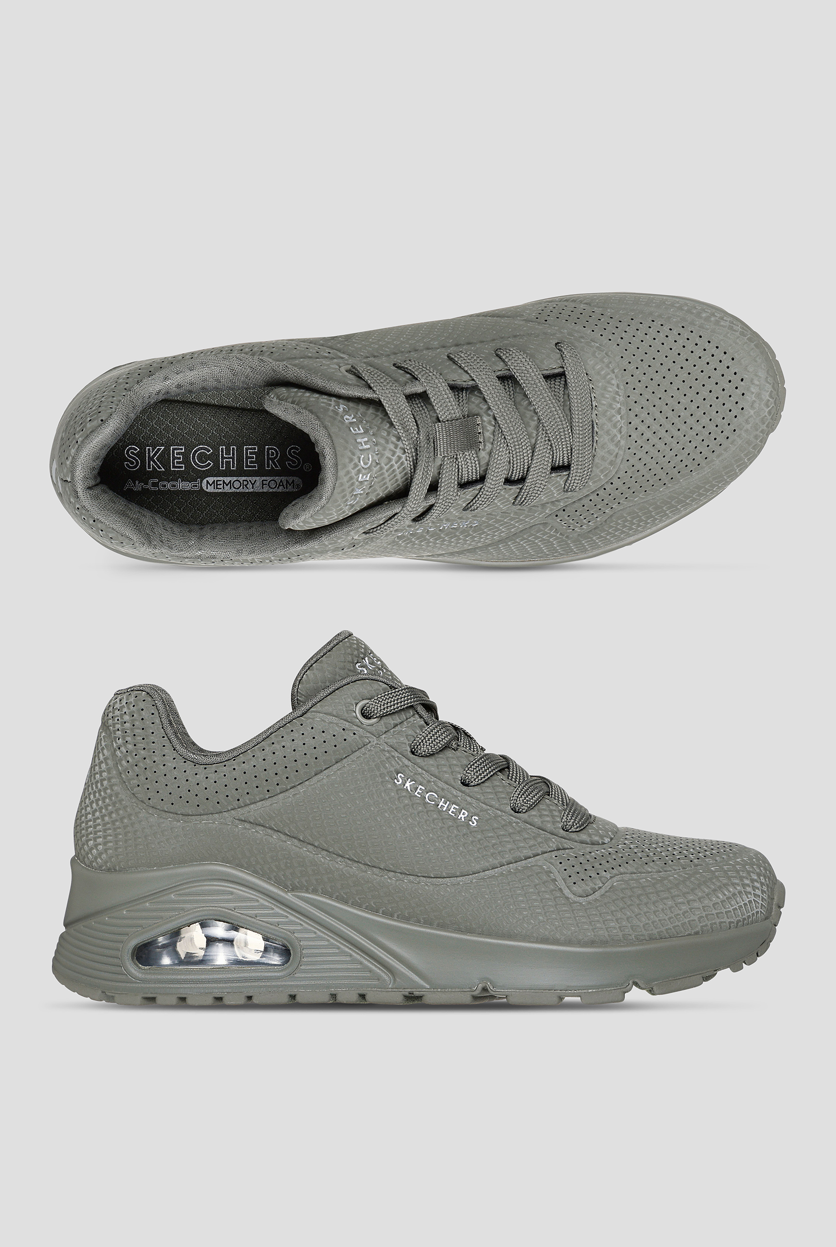 Skechers Street Olive Reflective Snake Printed Durabuck Uno Athletic Lace Up Shoes