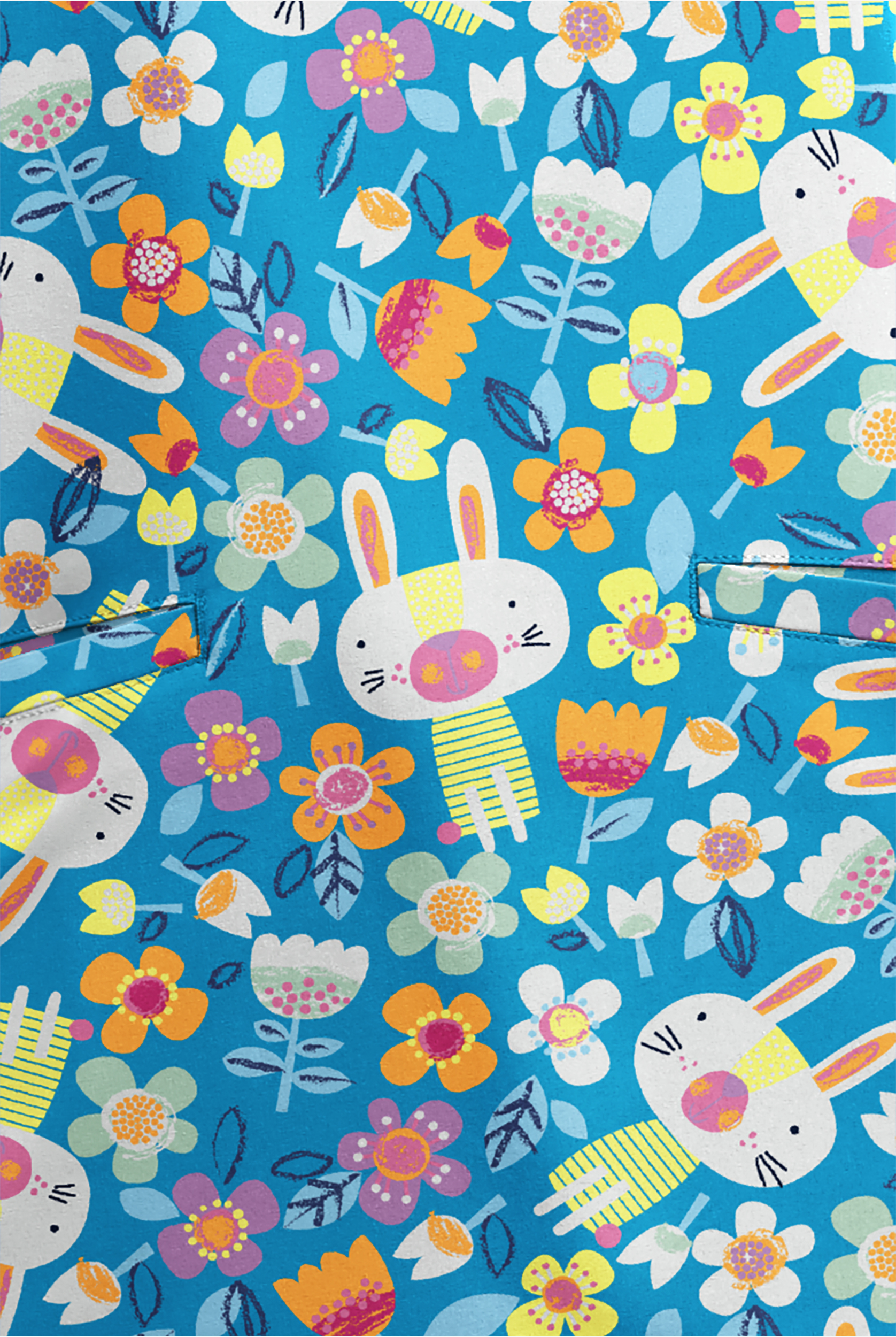 Butter-Soft STRETCH Easter Fun Turquoise Women's 2-Angled Welt Pocket V-Neck Print Scrub Top