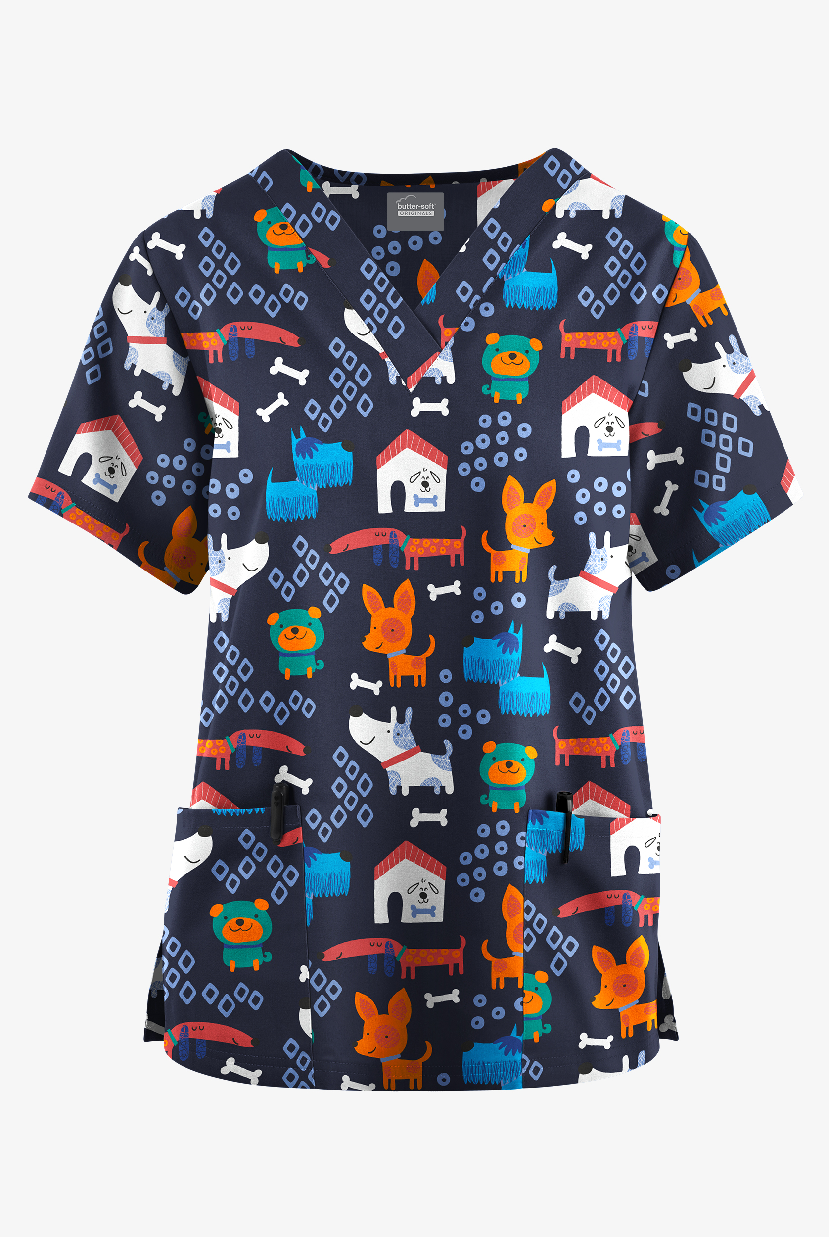 Butter-Soft Originals Playful Dogs Navy Women's 2-Pocket Classic Fit V-Neck Print Scrub Top