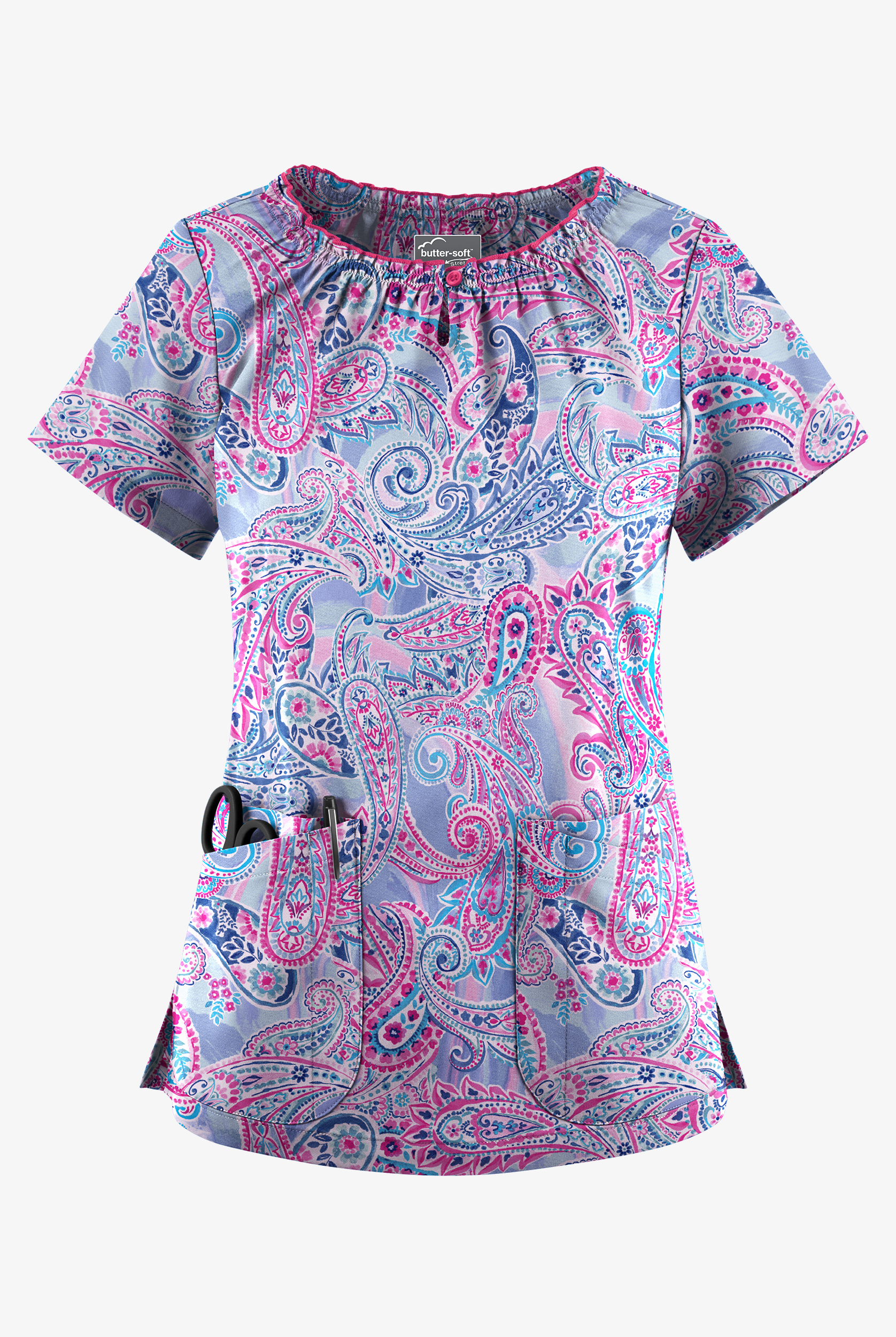 Butter-Soft STRETCH Paisley Romance Fuchsia Women's 6-Pocket Peasant Style Print Scrub Top