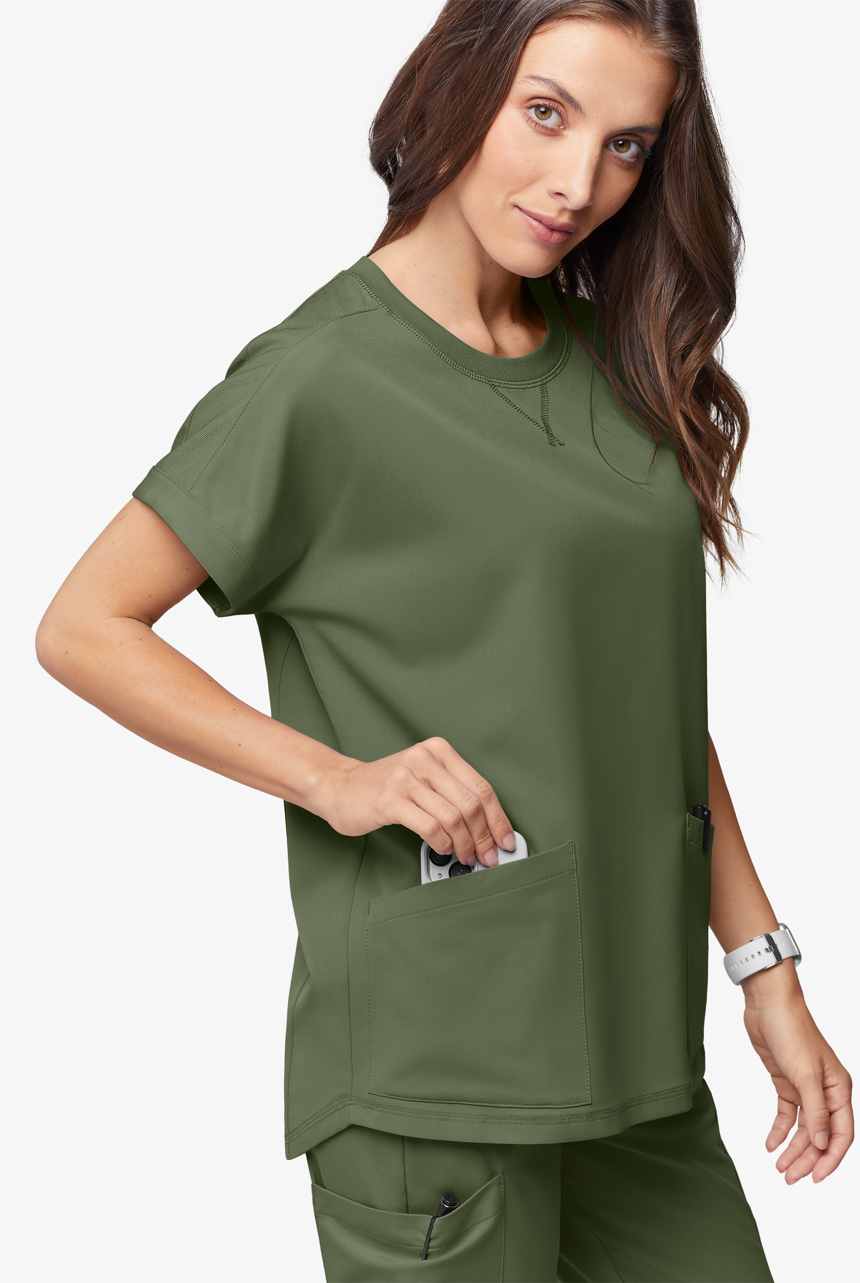 Blusa médica ReSurge con cuello redondeado y mangas dolmán para mujer