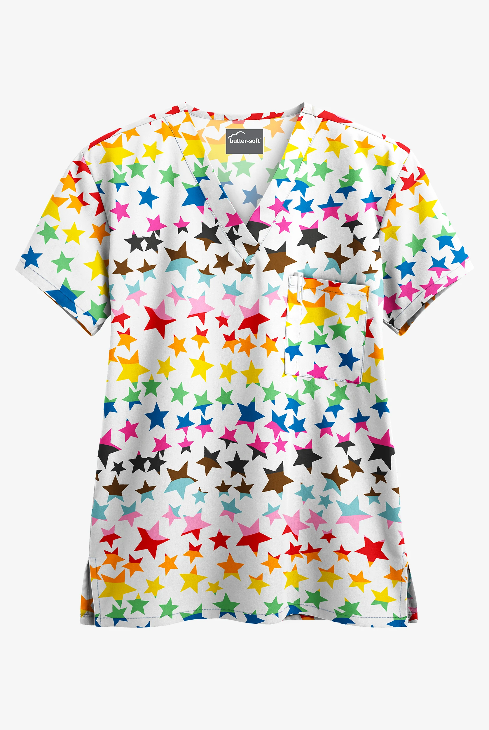 Blusa médica estampada unisex UA Butter-Soft Happy Stars White con cuello en V y 1 bolsillo