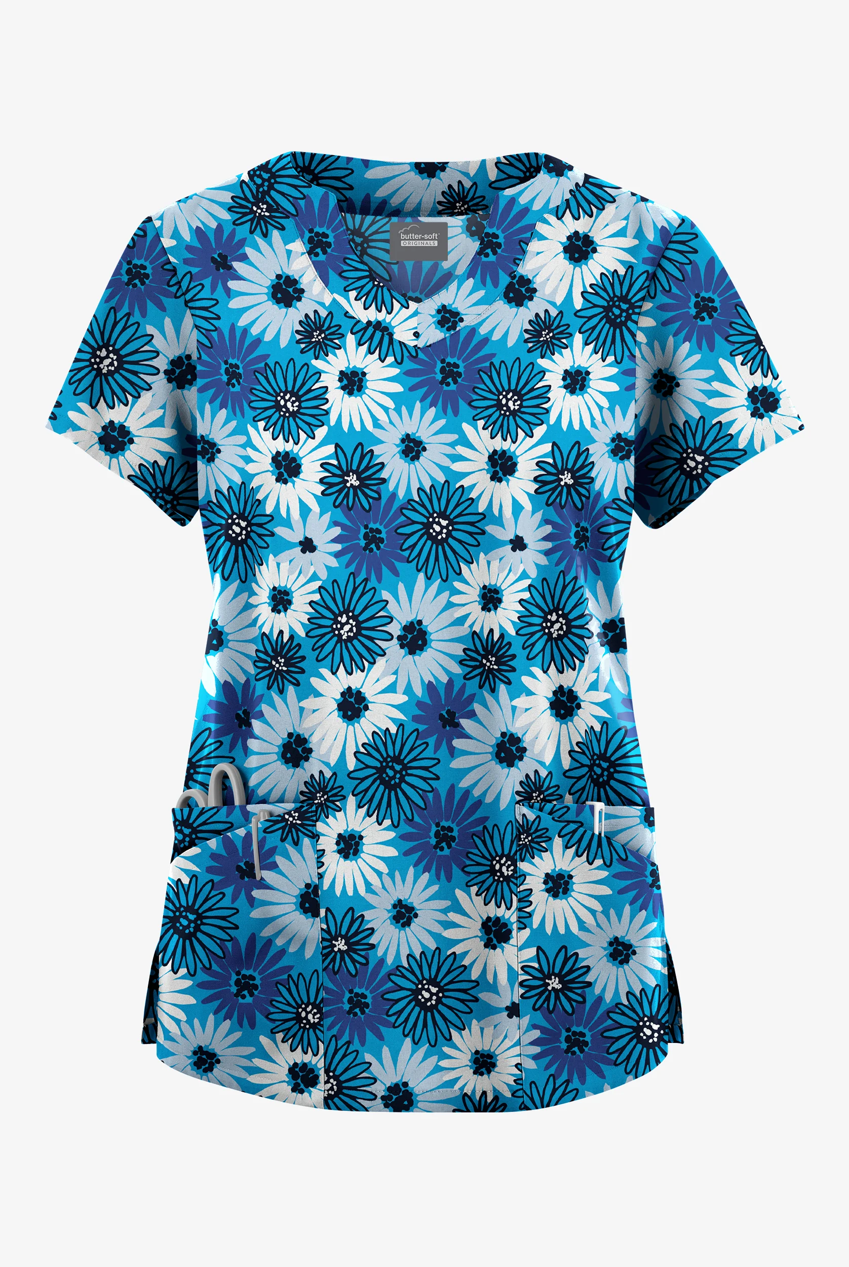 Butter-Soft Originals Pop Of Daisies Turquoise Women's 6-Pocket Scallop Neck Print Scrub Top