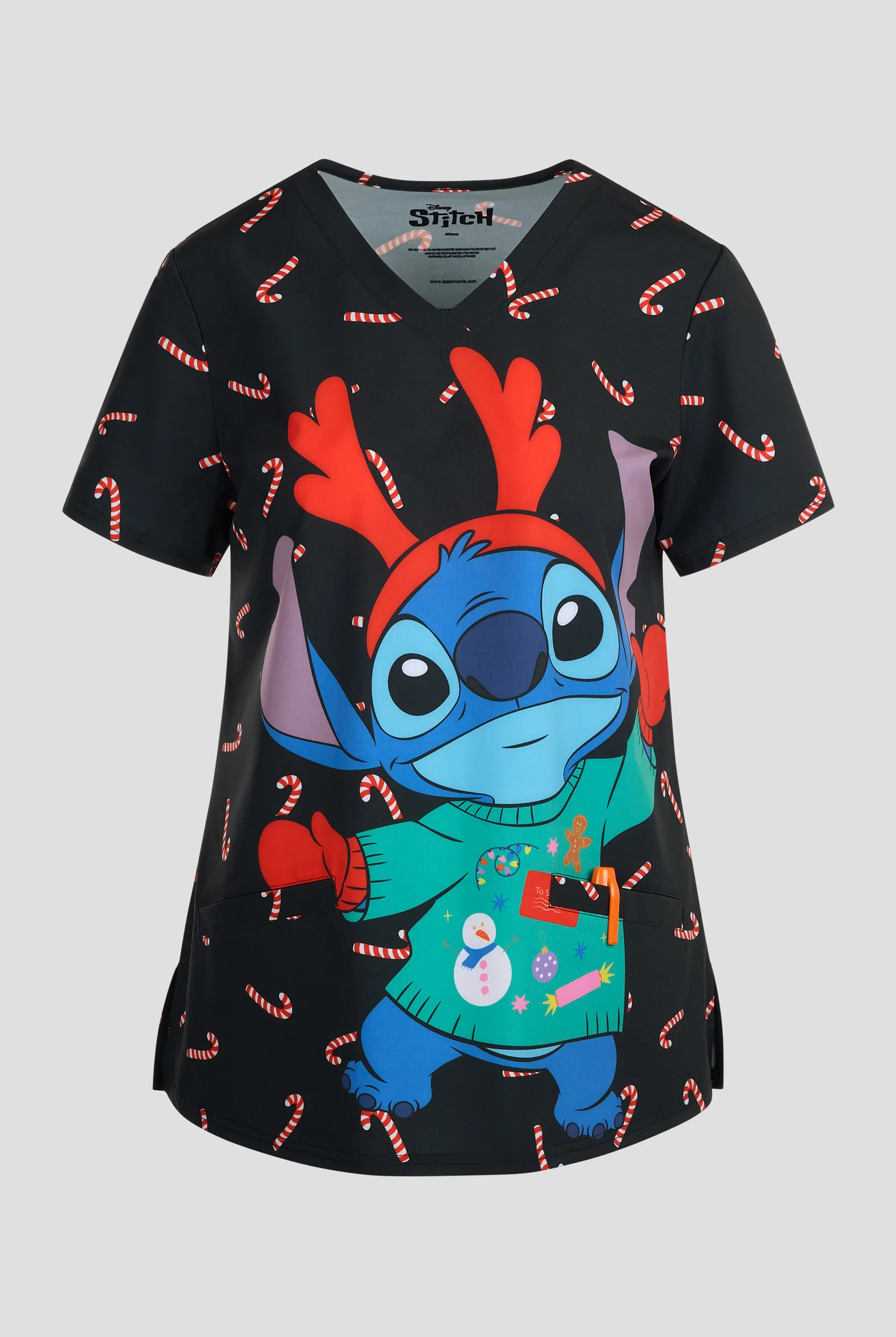 Disney's Stitch Christmas by Funscrubs Women's 2-Pocket STRETCH V-Neck Print Scrub Top
