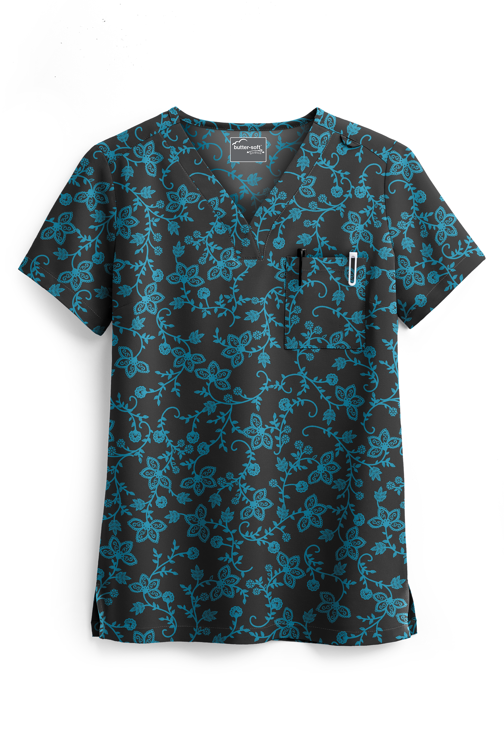 Butter-Soft STRETCH Black Floral Vines Women's 1-Pocket Tuck-In V-Neck Print Scrub Top