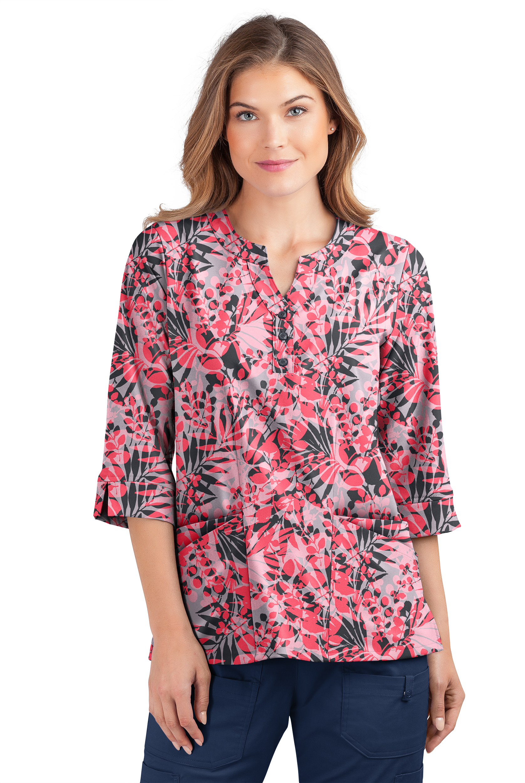 Blusa médica estampada Strictly Scrubs STRETCH Exotic Garden Silver con mangas 3/4 y 4 bolsillos para mujer