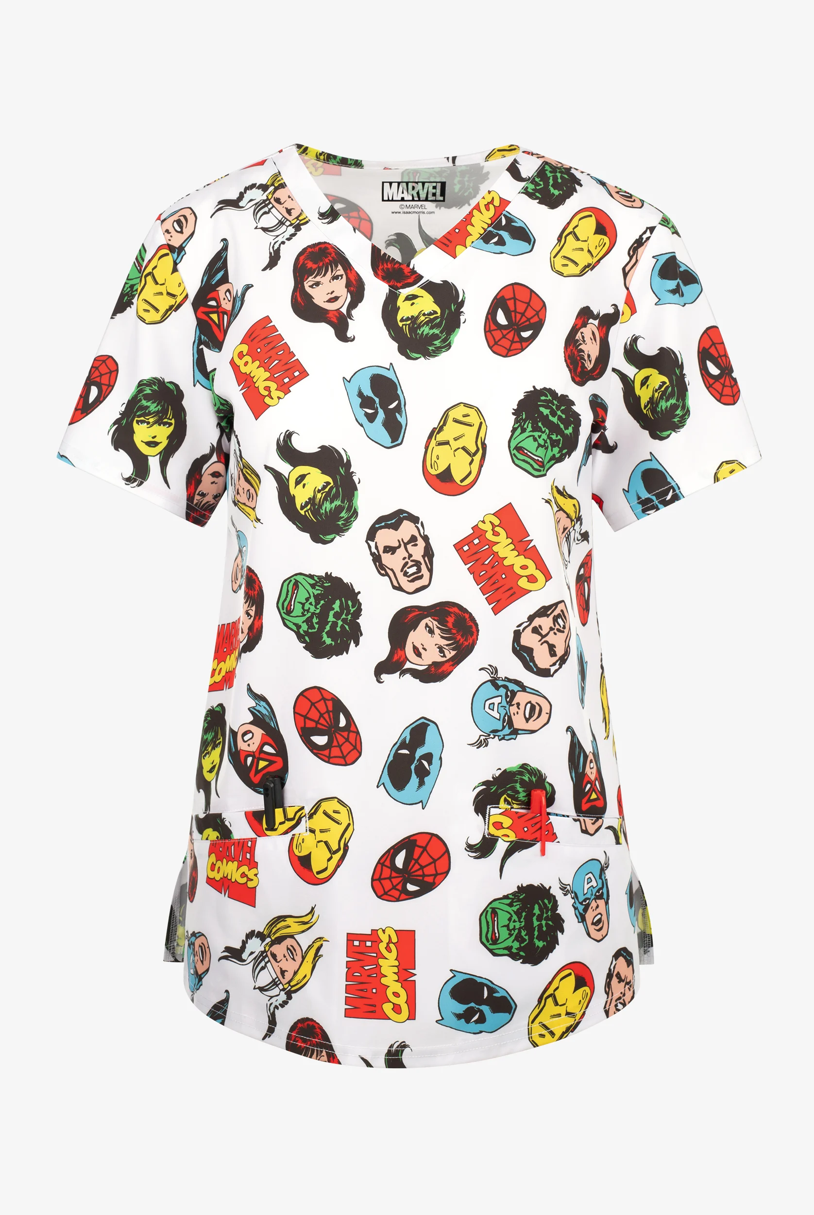 Marvel Comic Heads by Funscrubs Women's 2-Pocket STRETCH V-Neck Print Scrub Top