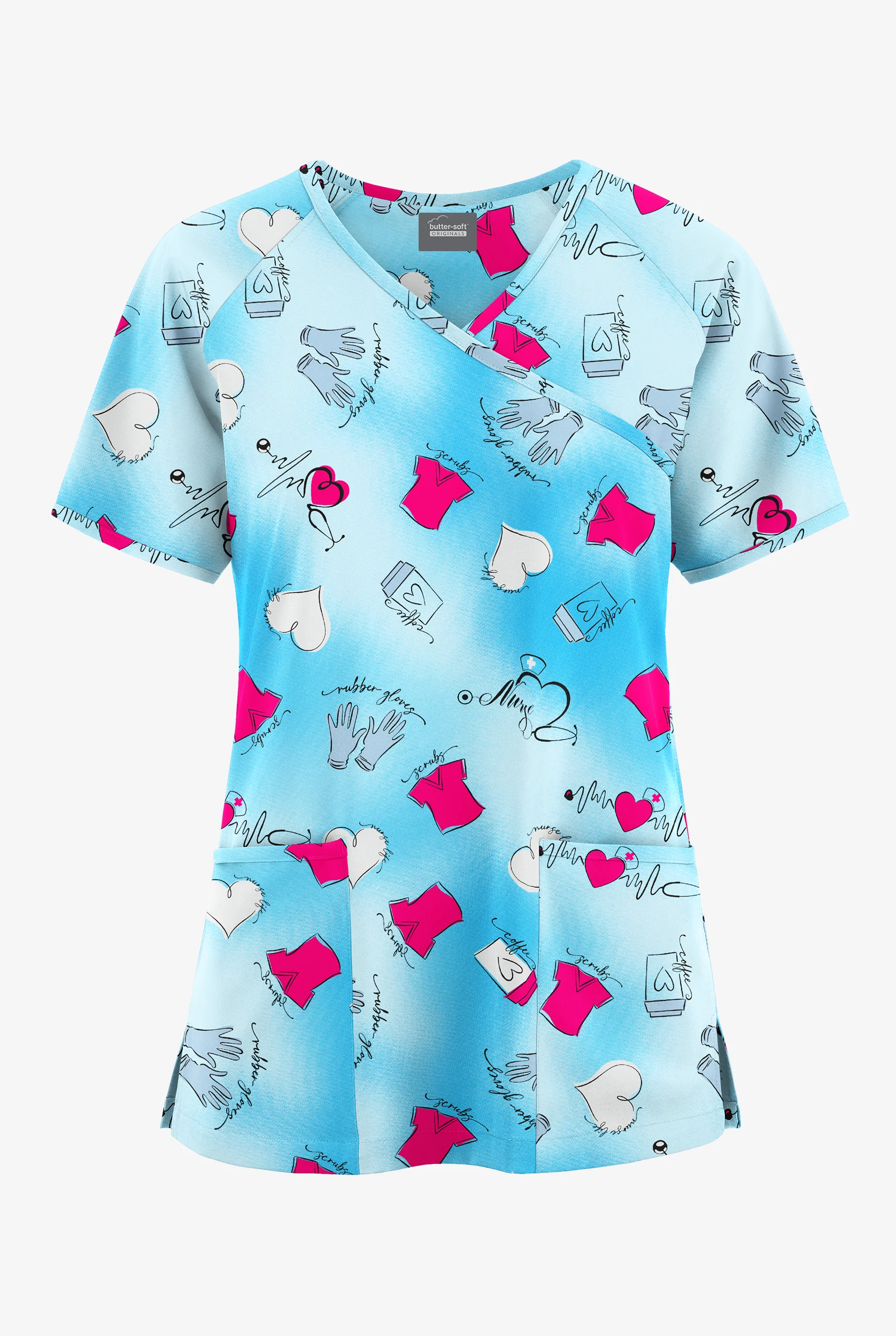 Butter-Soft Originals Healing Hearts Dew Women's 3-Pocket Raglan Sleeve Mock Wrap Print Scrub Top