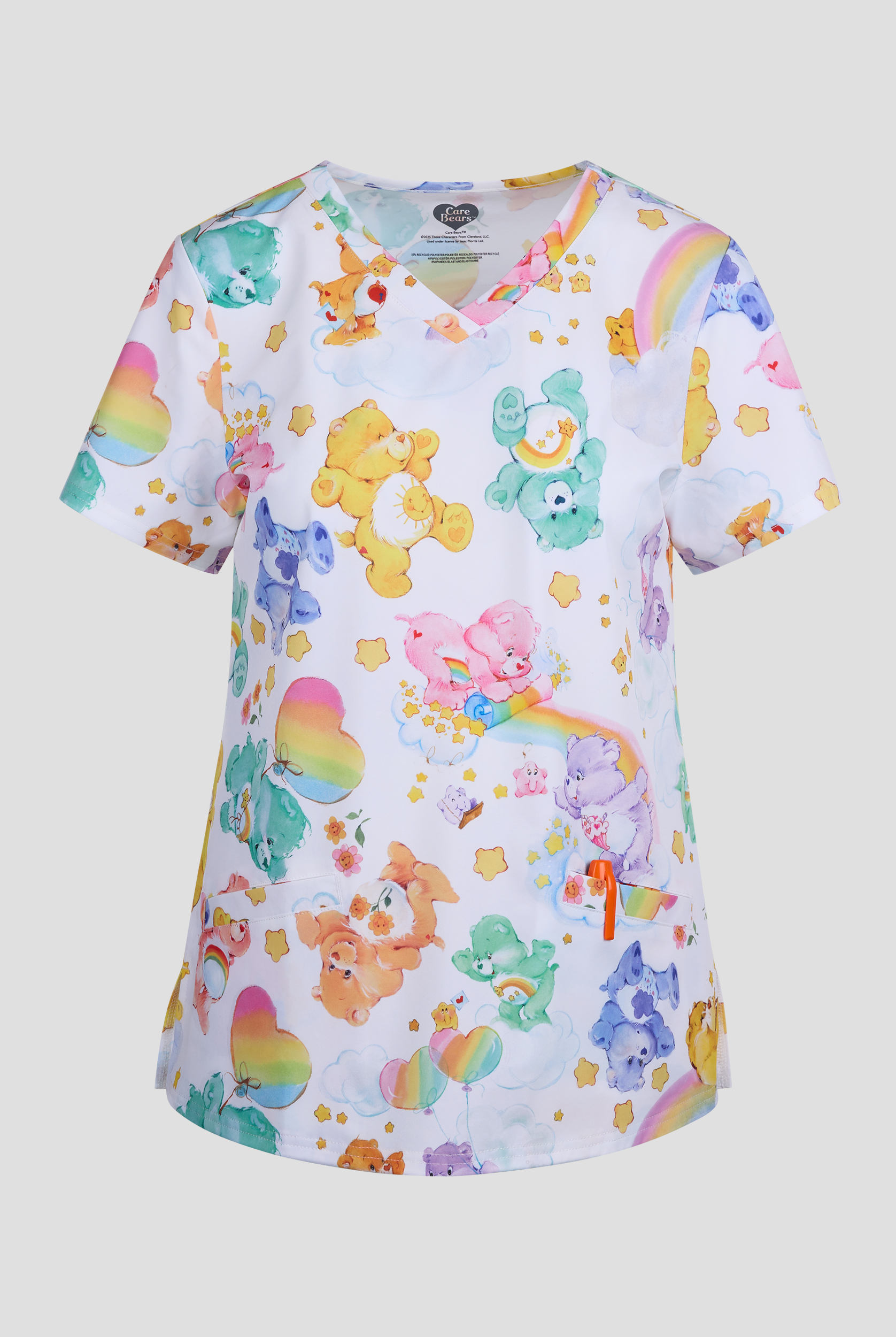 Blusa médica estampada Care Bears by Funscrubs STRETCH con cuello en V y 2 bolsillos para mujer