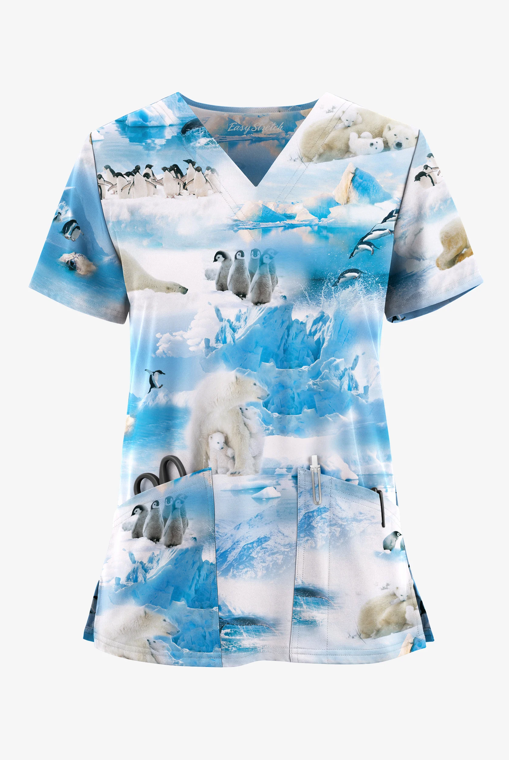 Easy STRETCH Glacier Bay Royal Women's  2- Pocket V-Neck Print Scrub Top
