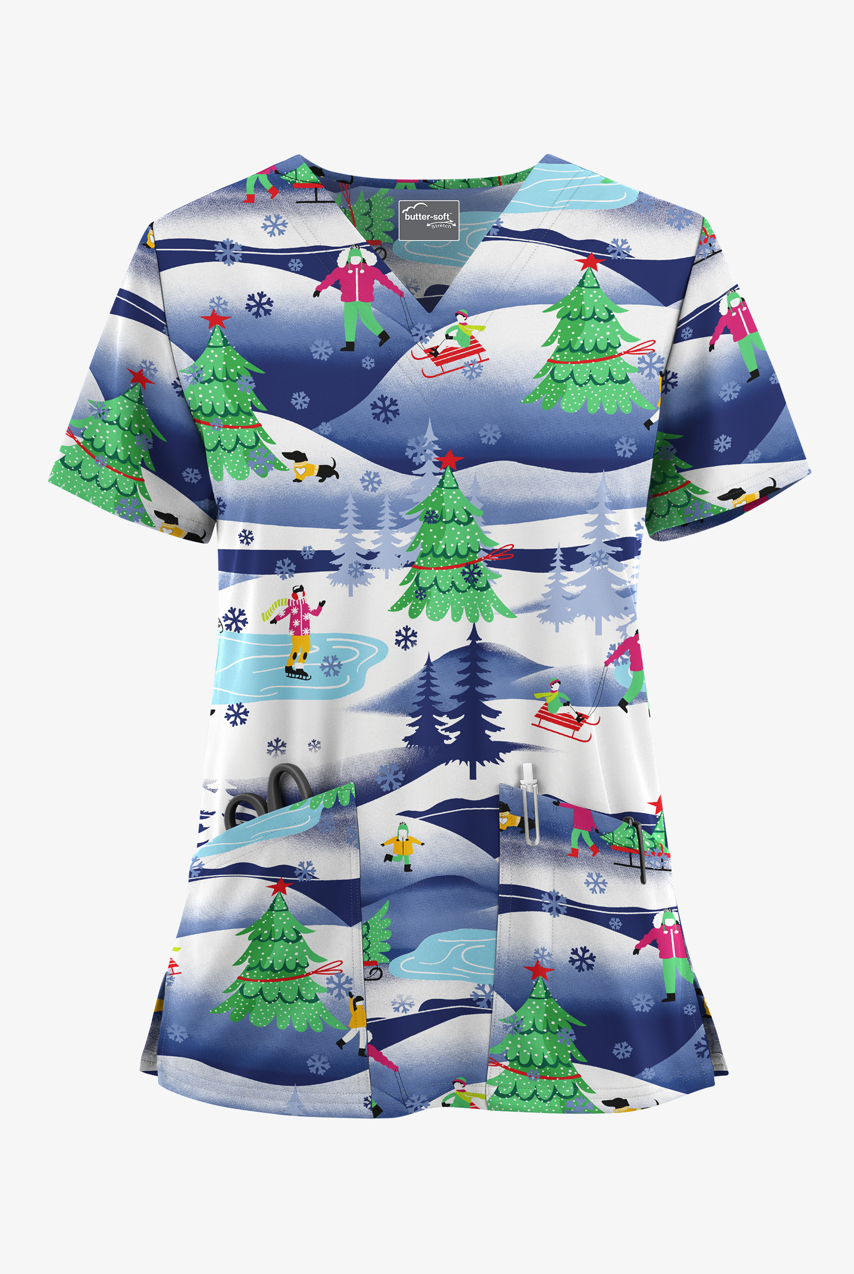 Butter-Soft STRETCH Fun In The Snow Galaxy Women's 2-Pocket V-Neck Print Scrub Top