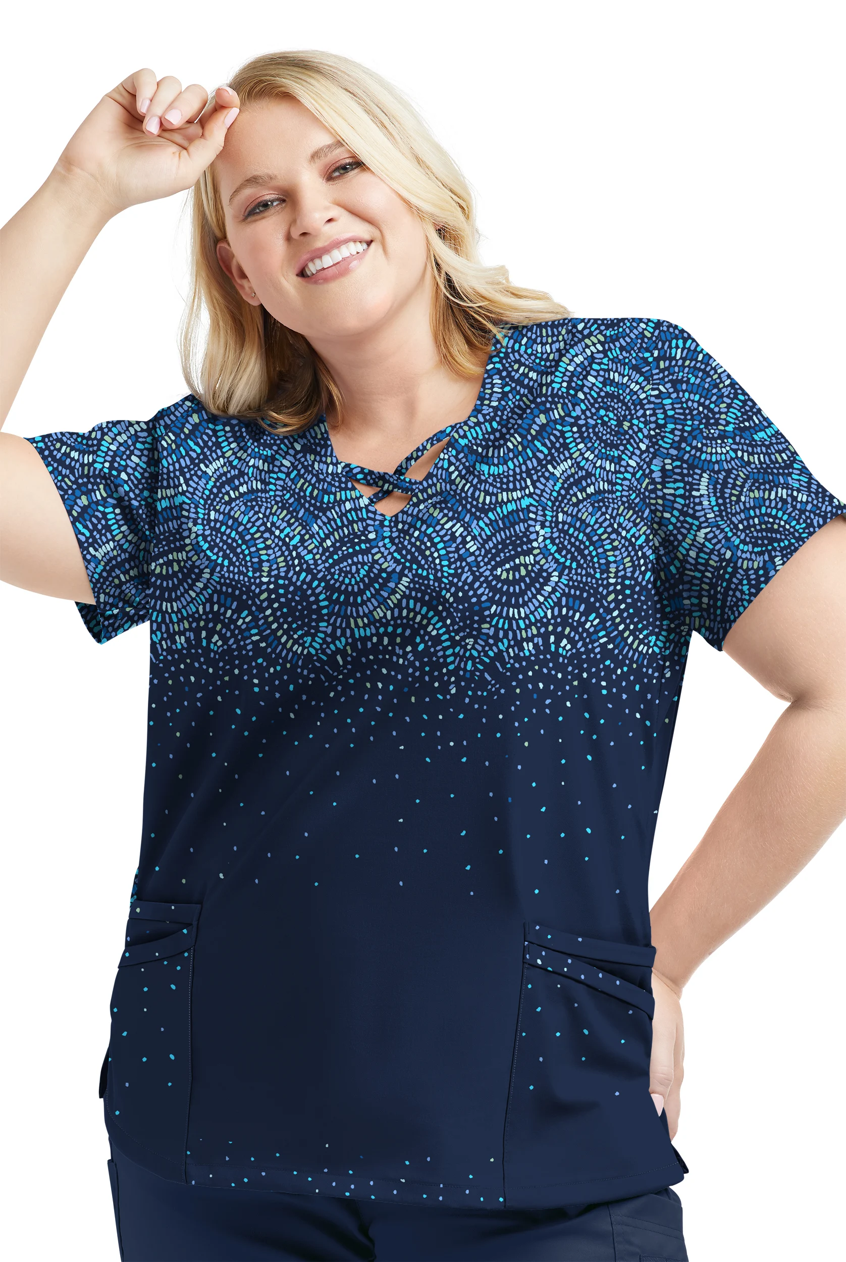 Strictly Scrubs STRETCH Roman Mosaic Navy Women's 4-Pocket Criss Cross Print Scrub Top