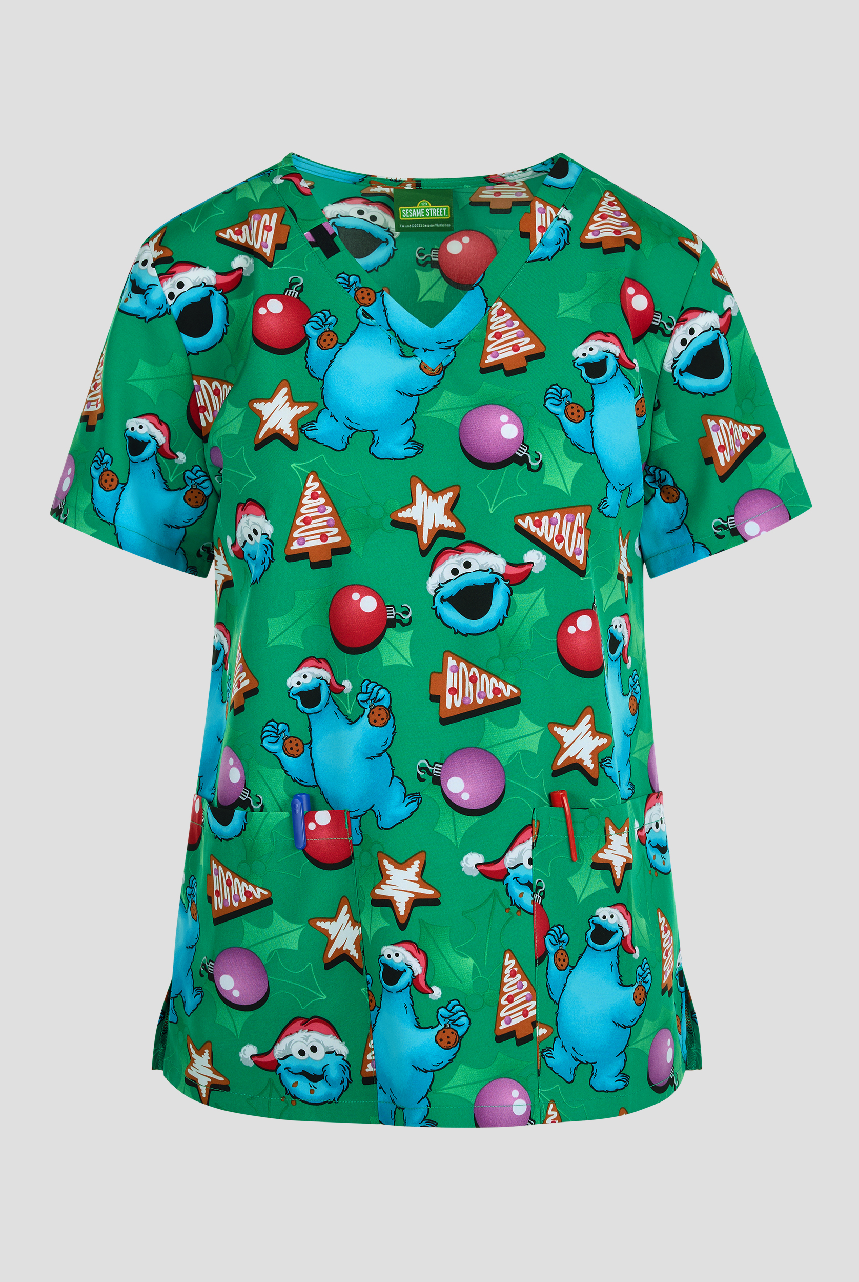 Tooniforms Sesame Street Christmas Cookie Women's 2-Pocket STRETCH V-Neck Print Scrub Top