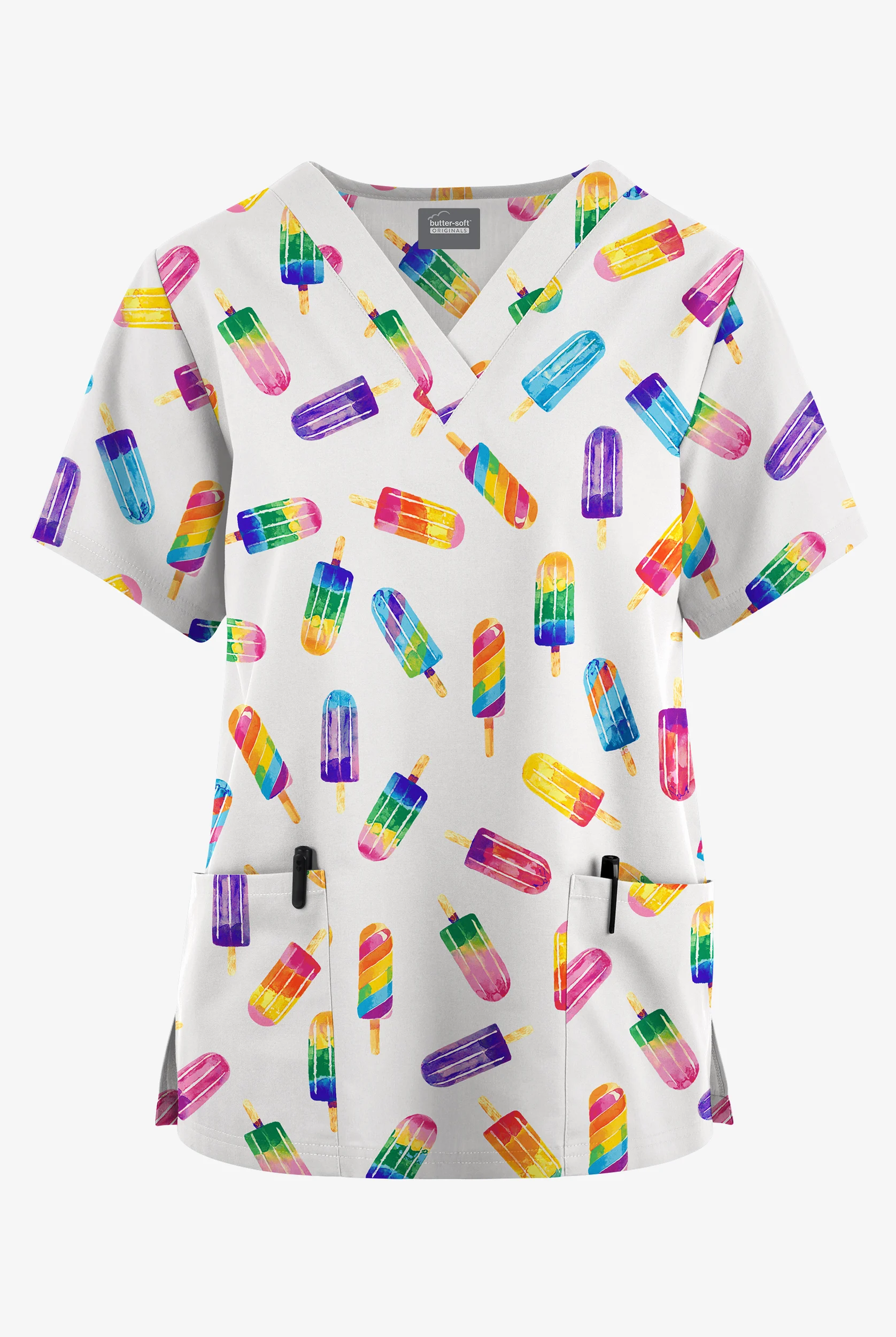 Butter-Soft Originals Rainbow Pops White Women's 2-Pocket V-Neck Print Scrub Top