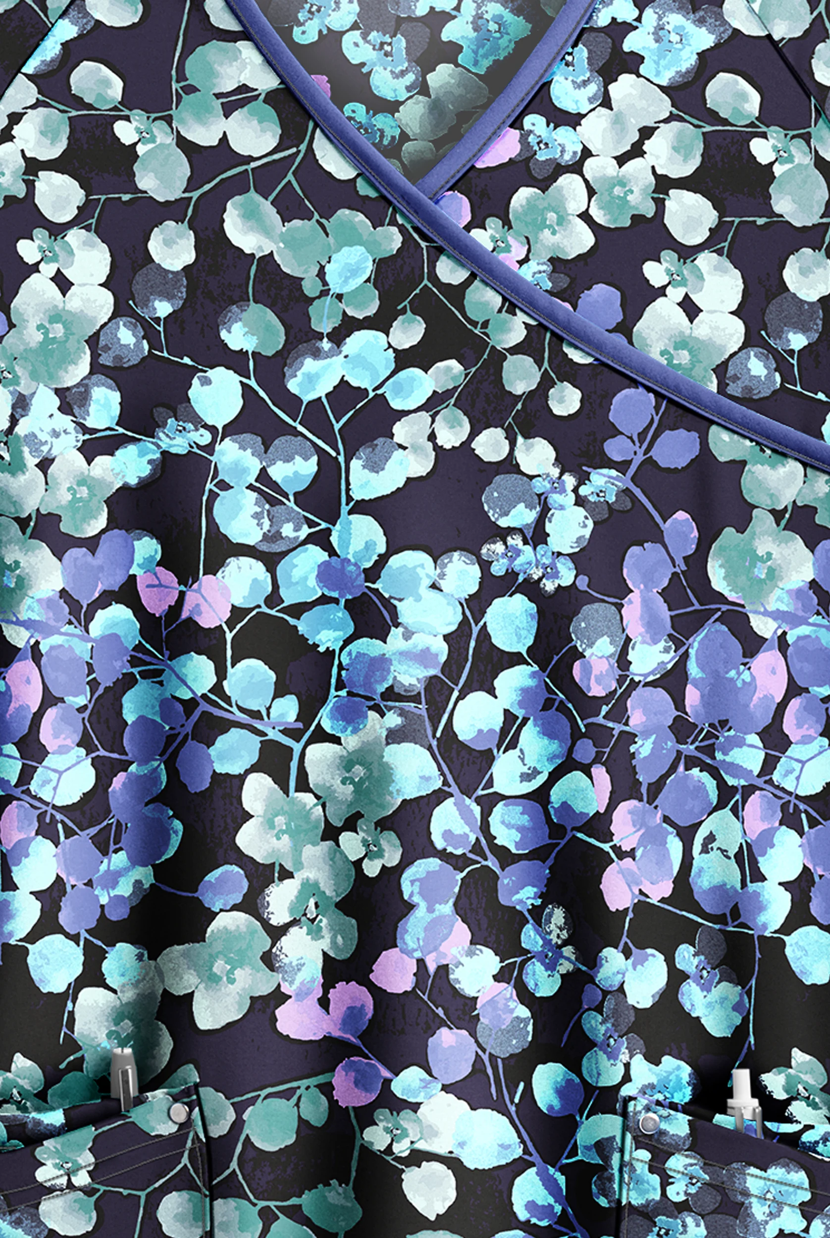 Easy STRETCH Floral Blossoms Women's 4-Pocket Raglan Sleeve V-Neck Mock Wrap Print Scrub Top