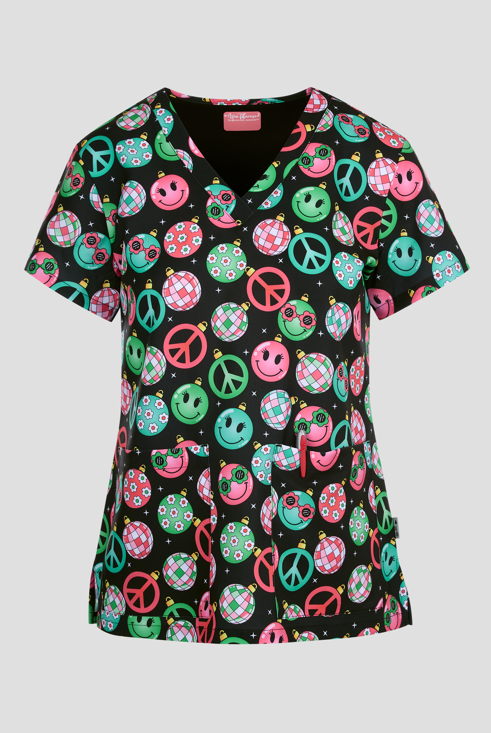 Zavate Ava Therese Peace Love & Disco Women's 2-Pocket STRETCH V-Neck Print Scrub Top
