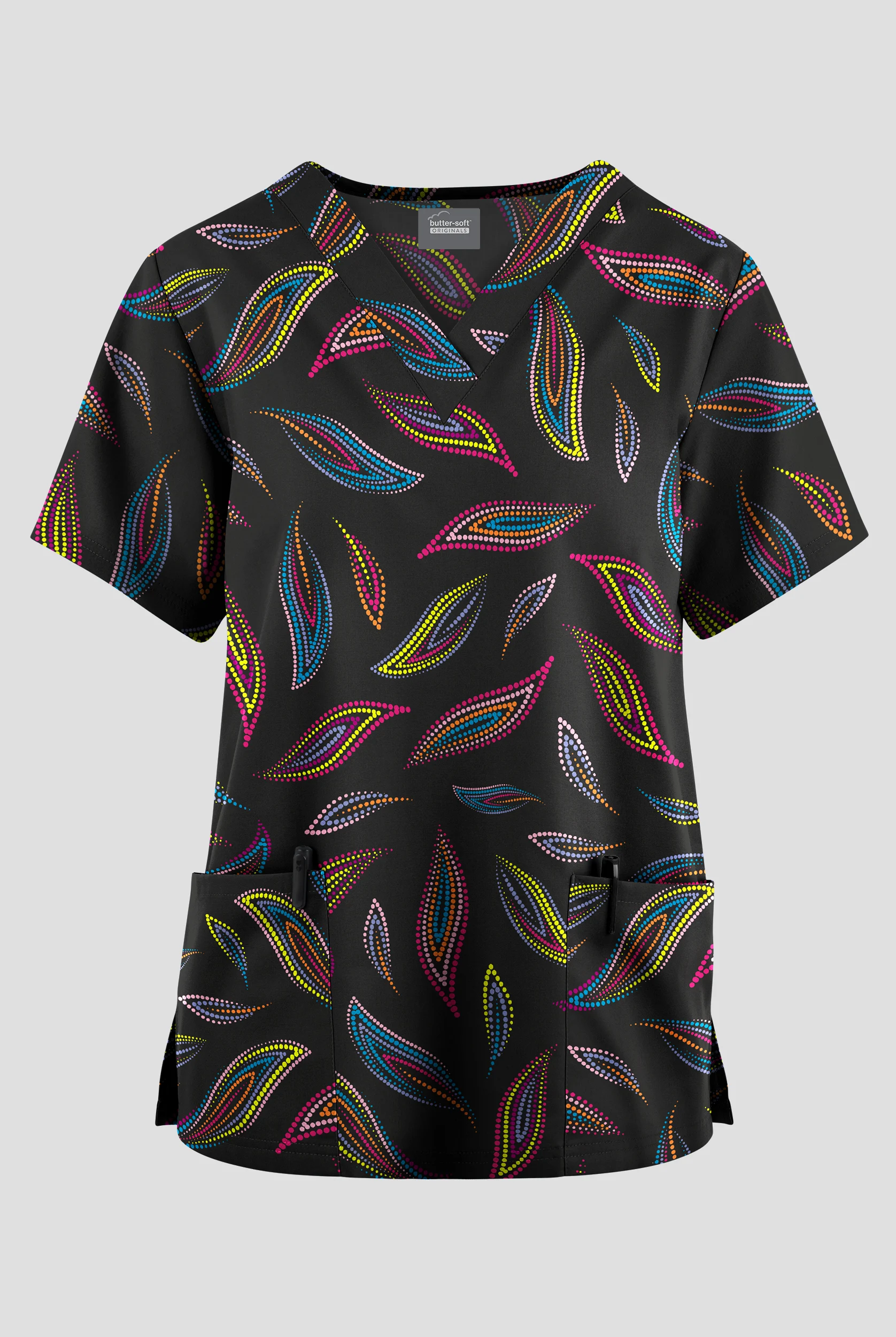 Blusa médica estampada Butter-Soft Originals Color Symphony con cuello en V y 2 bolsillos para mujer