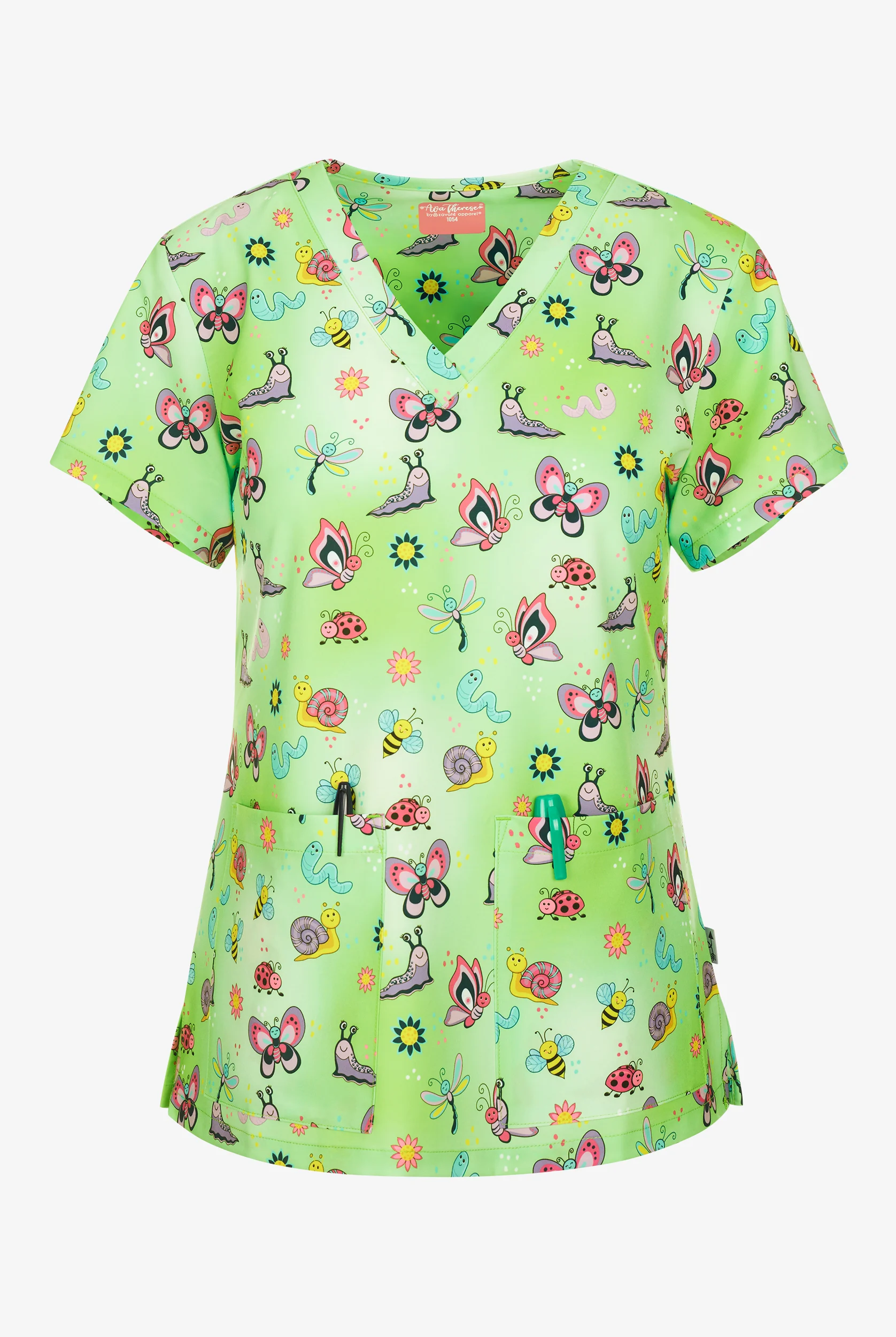 Zavate Ava Therese Cute as a Bug Women's 2-Pocket STRETCH V-Neck Print Scrub Top
