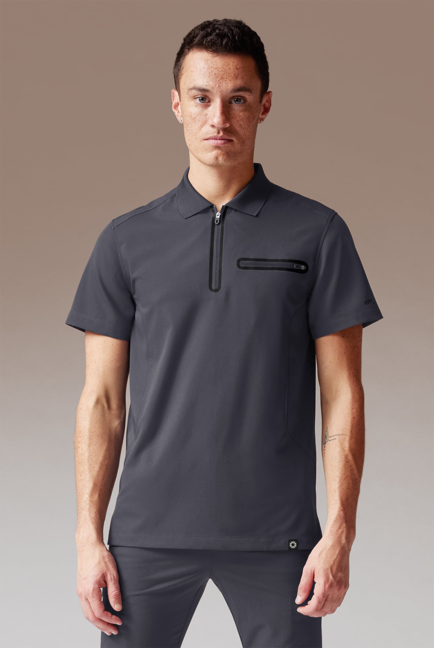 Hypothesis Alpha System Men&rsquo;s 1-Pocket Zip Neck Polo With Tonal Trim Scrub Top