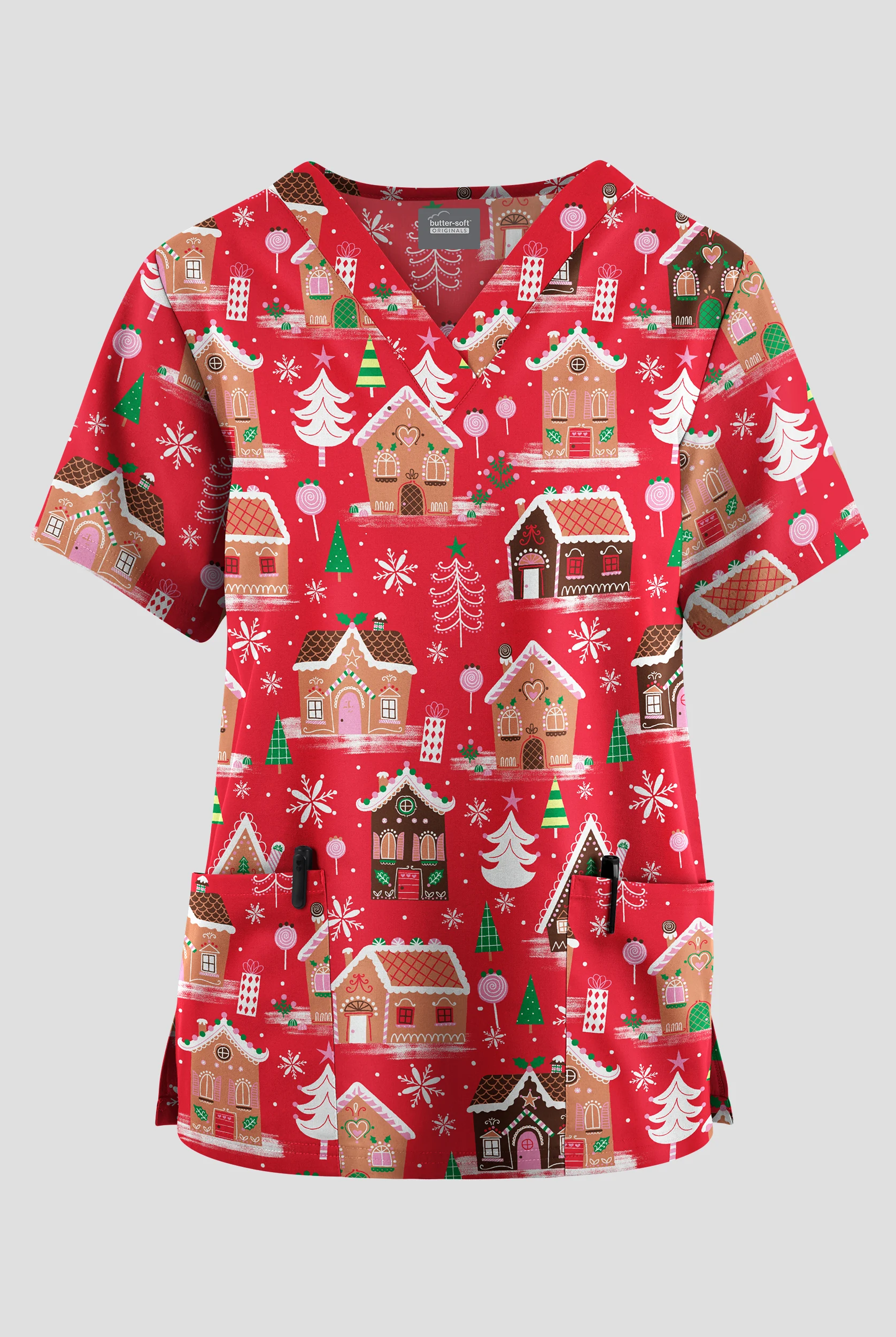 Butter-Soft Originals Gingerbread Haven French Roast Women's 2-Pocket V-Neck Print Scrub Top