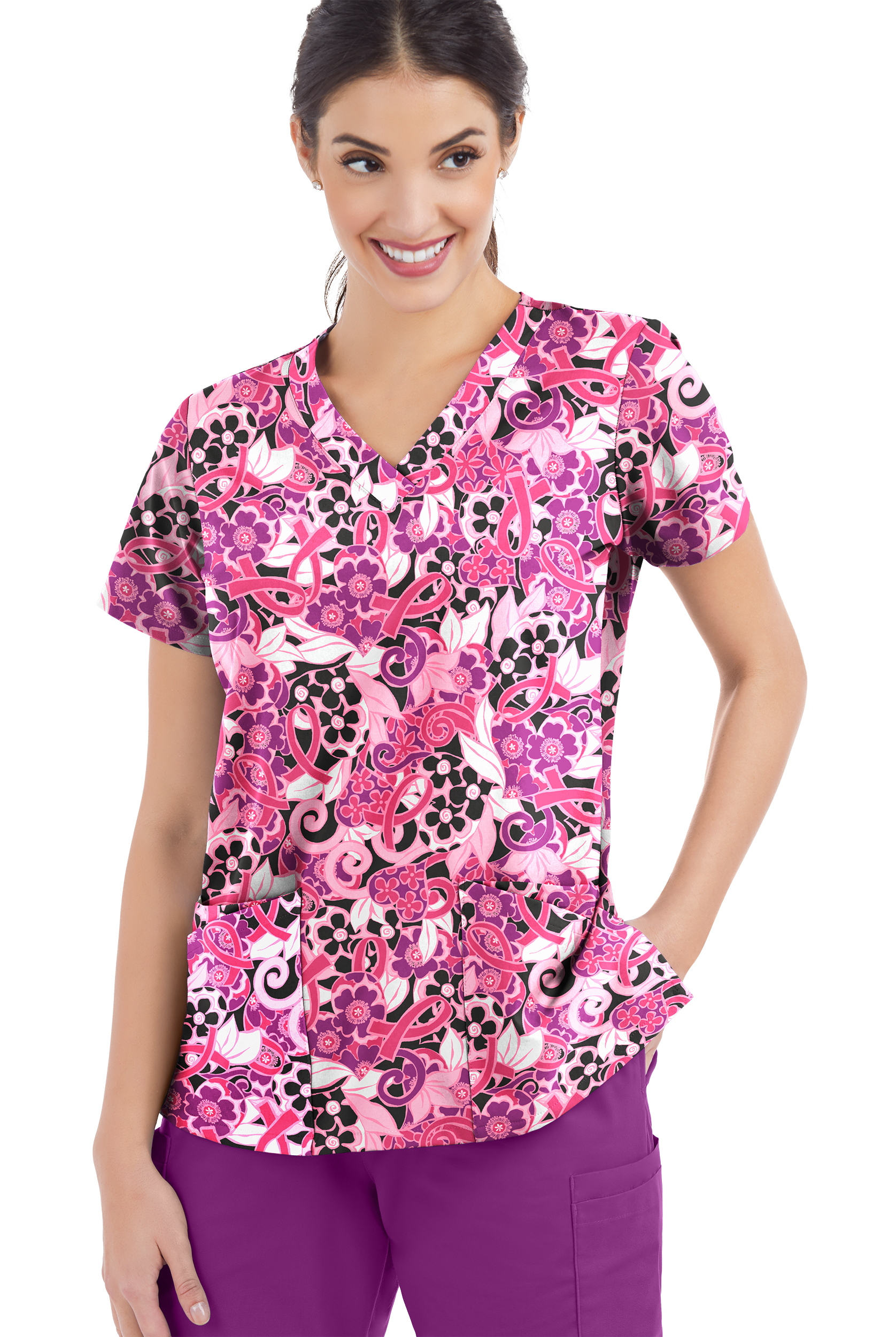 Blusa médica estampada Strictly Scrubs Pink Ribbon Bouquet con cuello en V redondeado y 4 bolsillos para mujer