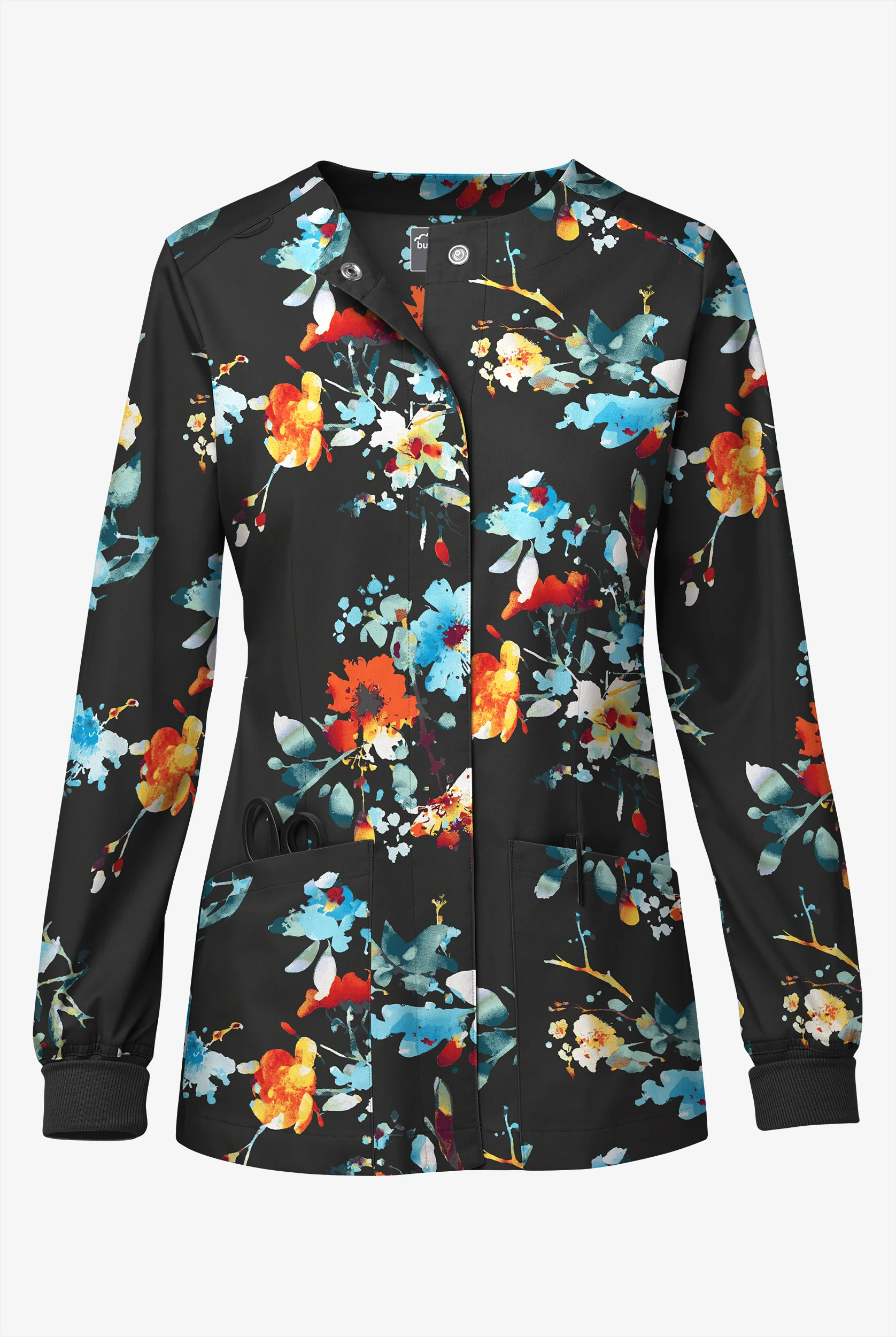 Chaqueta médica estampada UA Butter-Soft STRETCH Underwater Paradise Turquoise con mangas largas y botones a presión para mujer