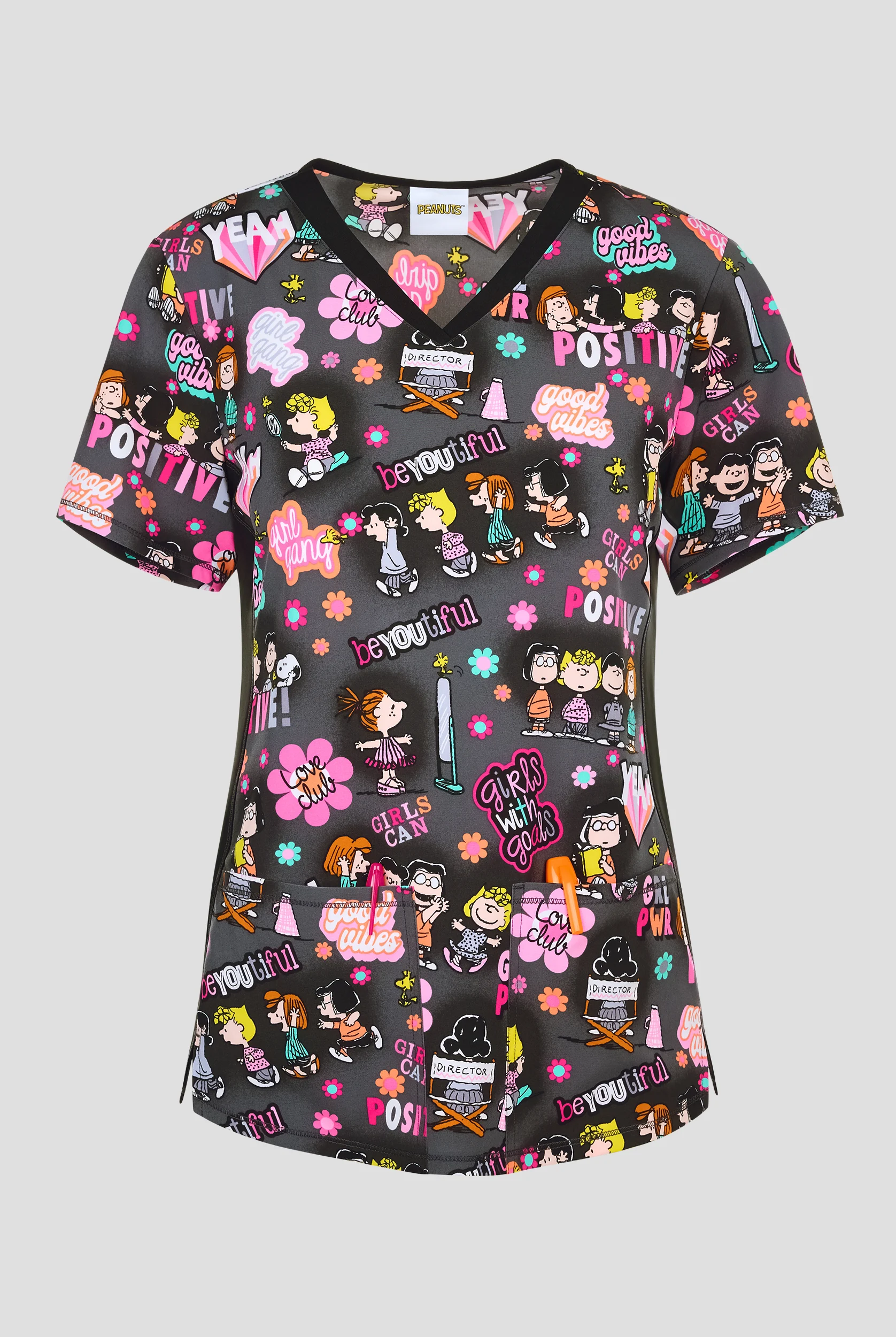 Blusa médica estampada Tooniforms Peanuts Be-YOU-tiful STRETCH con cuello en V y 2 bolsillos para mujer