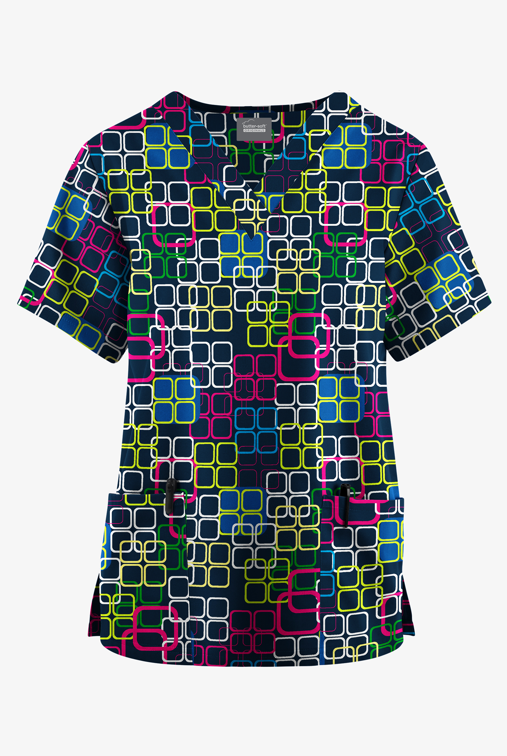 Butter-Soft Originals Roma Geo Navy Women's 2-Pocket Classic Fit V-Neck Print Scrub Top
