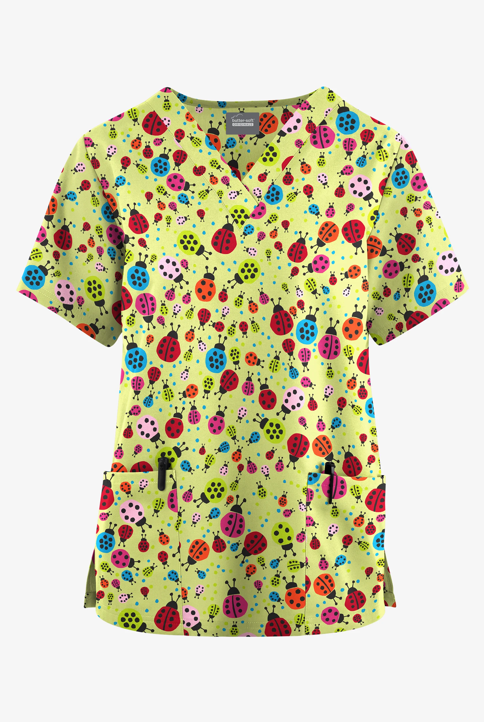 Butter-Soft Originals Ladybug Party Cool Matcha Women's 2-Pocket V-Neck Print Scrub Top
