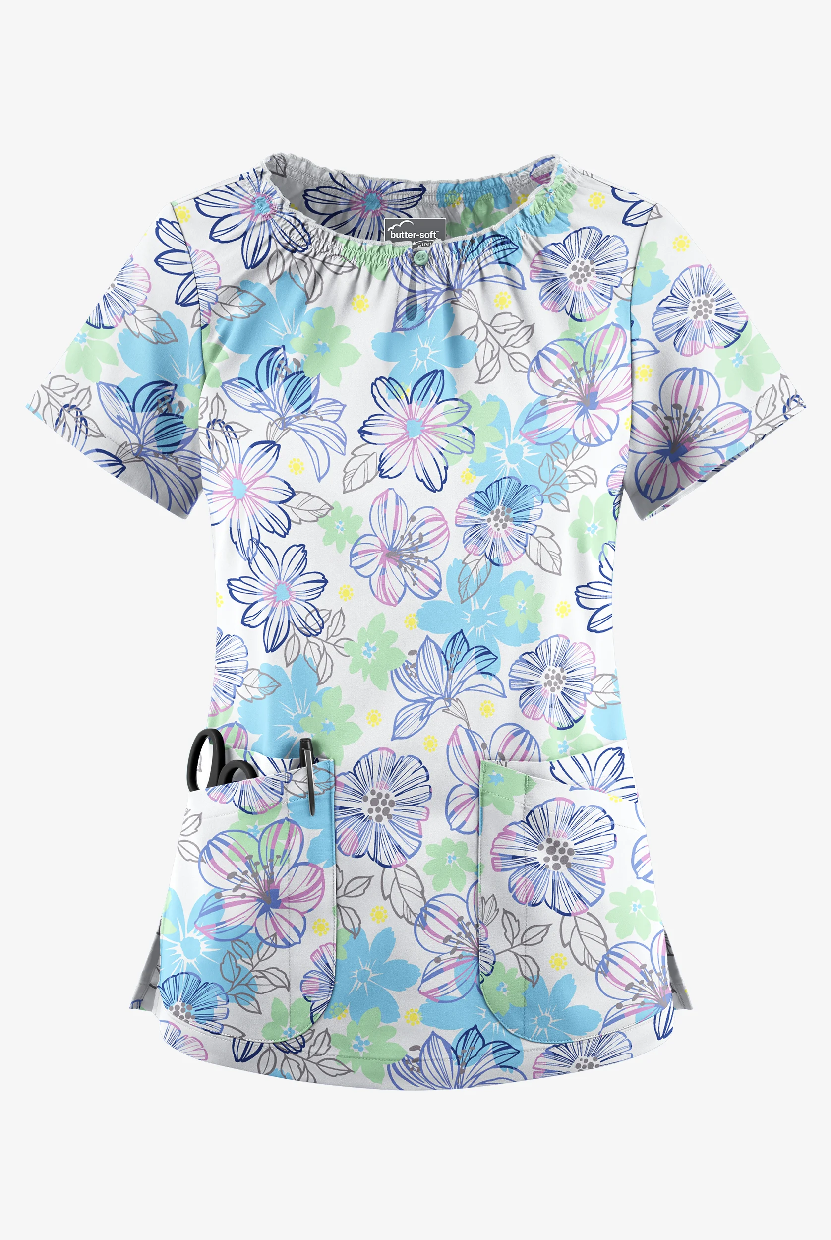 Butter-Soft STRETCH Floral Poolside View Women's 6-Pocket Peasant Style Print Scrub Top