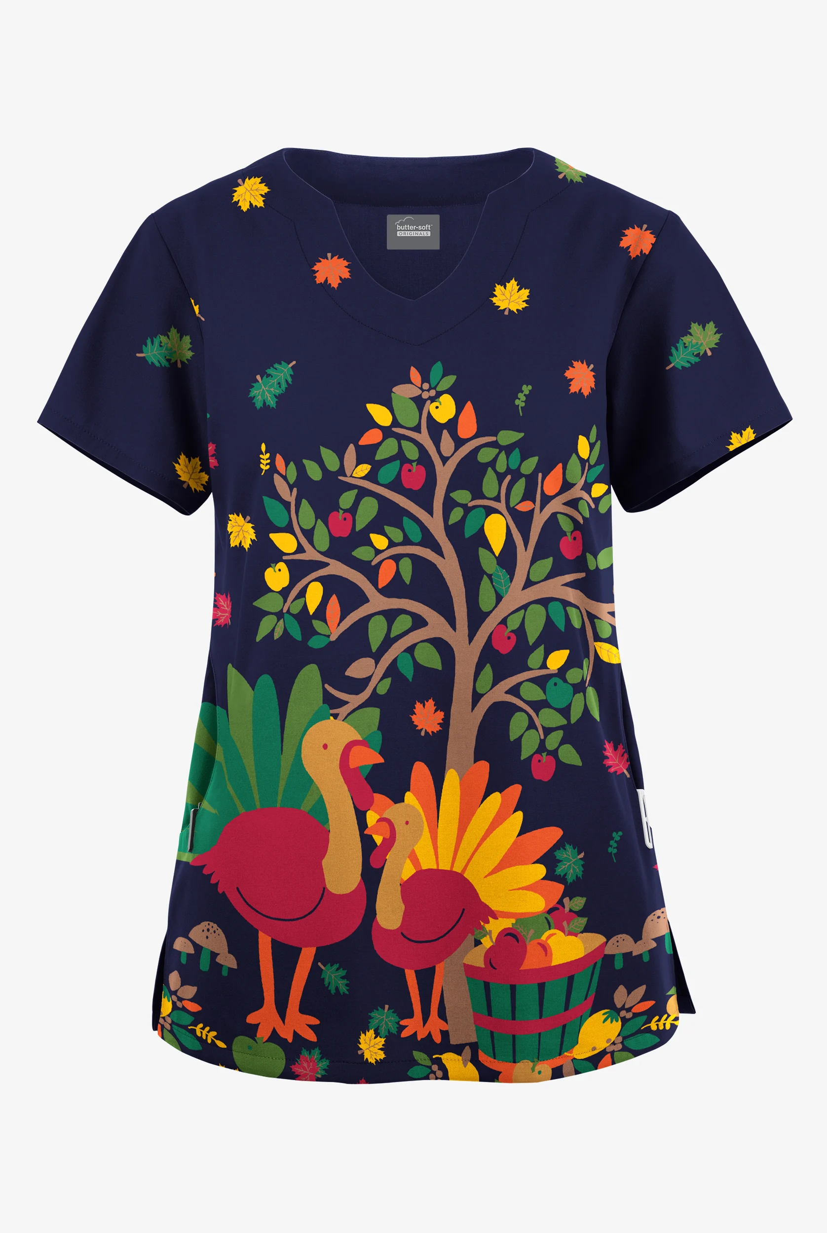 Buttersoft Originals Forest Turky Navy Women's 2-Pocket Scallop Neck Print Scrub Top