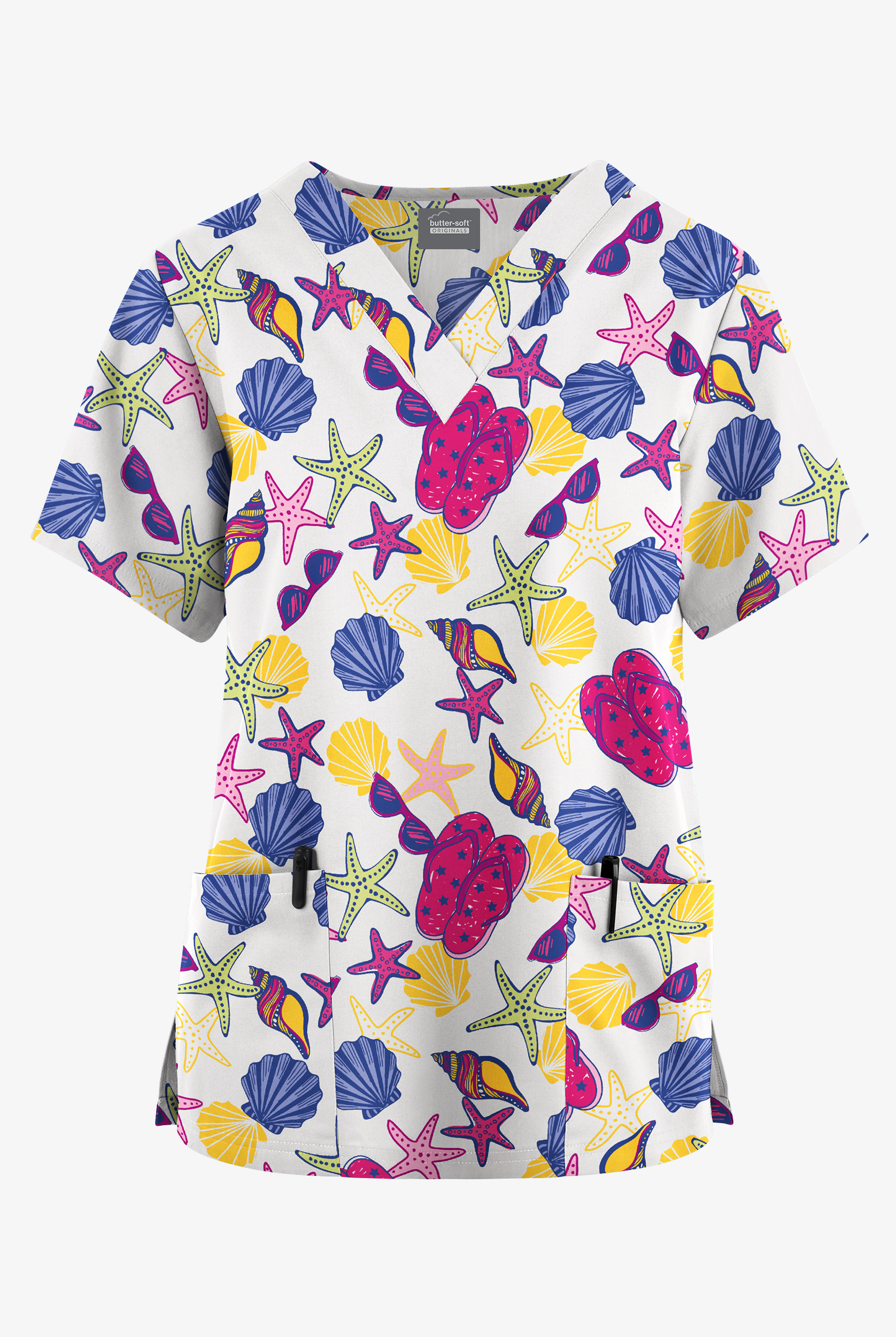 Butter-Soft Originals White Walk On The Beach Women's 2-Pocket V-Neck Print Scrub Top