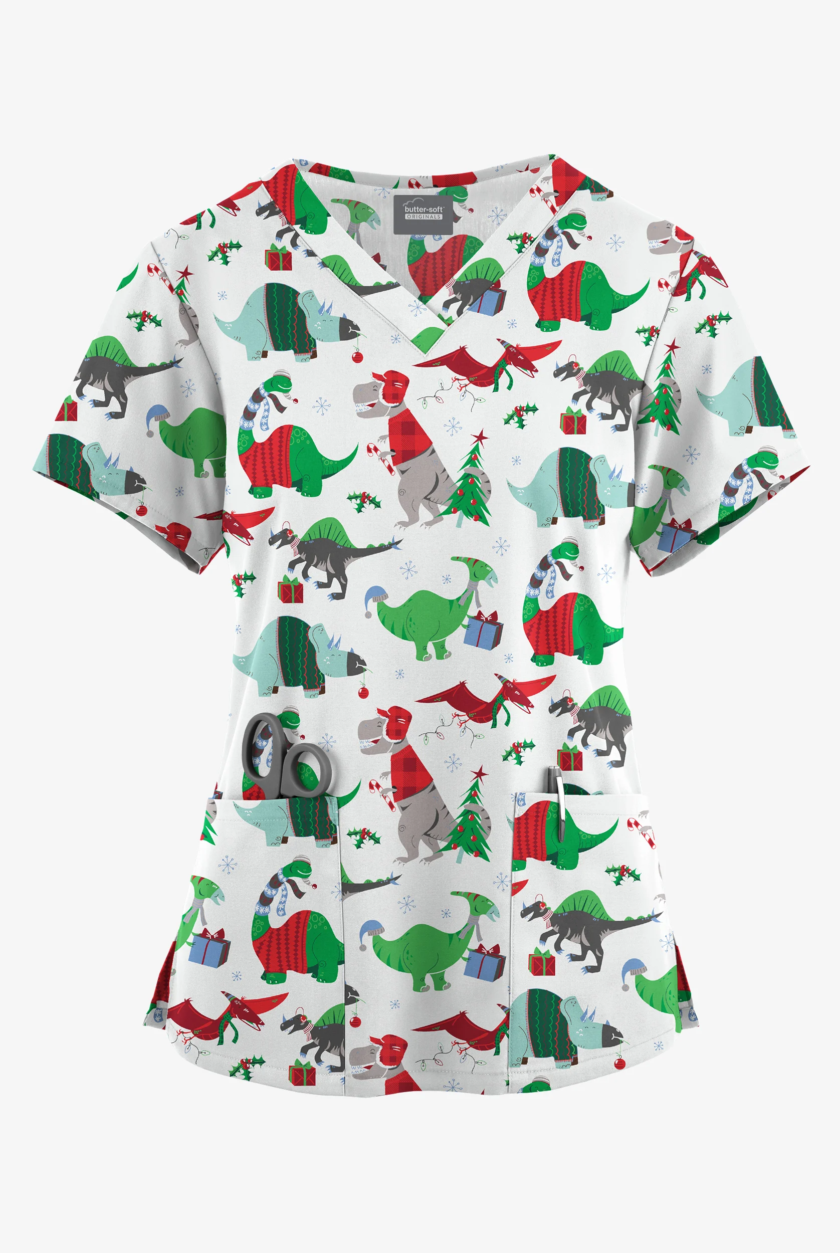 Butter-Soft Originals Santa Saurus White Printed Women's 4-Pocket Rounded V-Neck Print Scrub Top