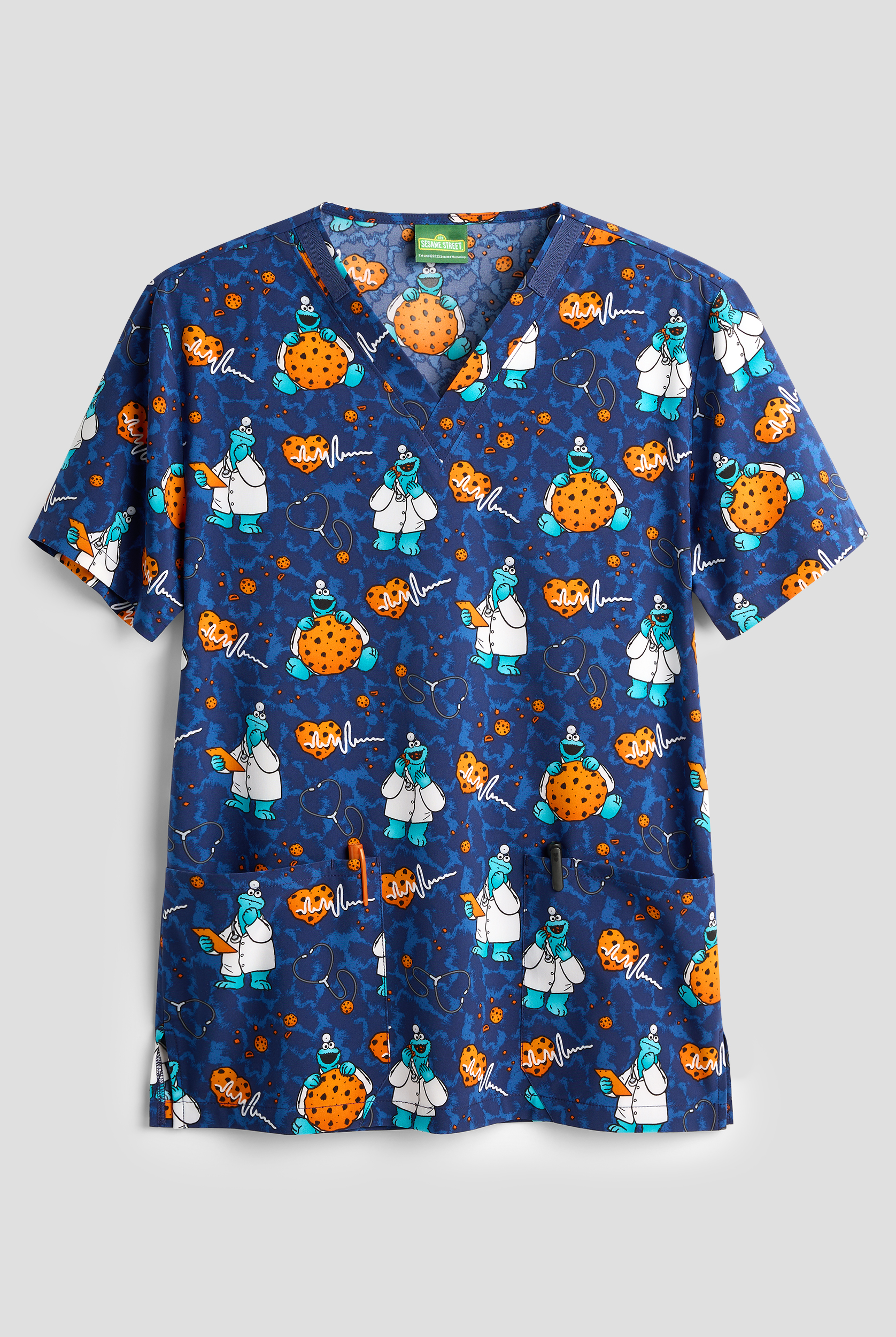 Tooniforms Sesame Street Doctor Cookies Unisex 2-Pocket STRETCH V-Neck Print Scrub Top