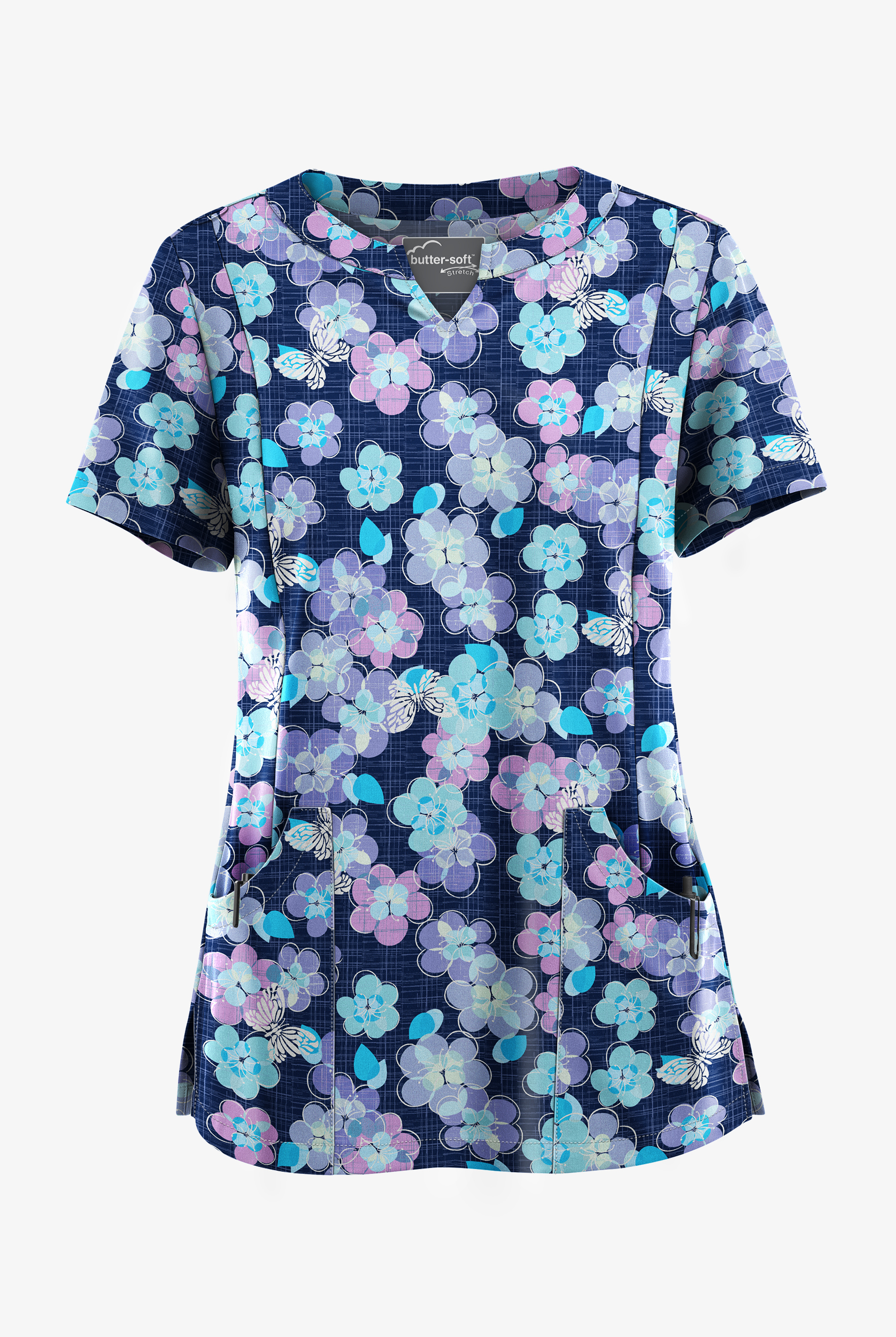 Butter-Soft STRETCH Blooms And Butterflies Navy Women’s 4-Pocket Notch-Neck Print Scrub Top