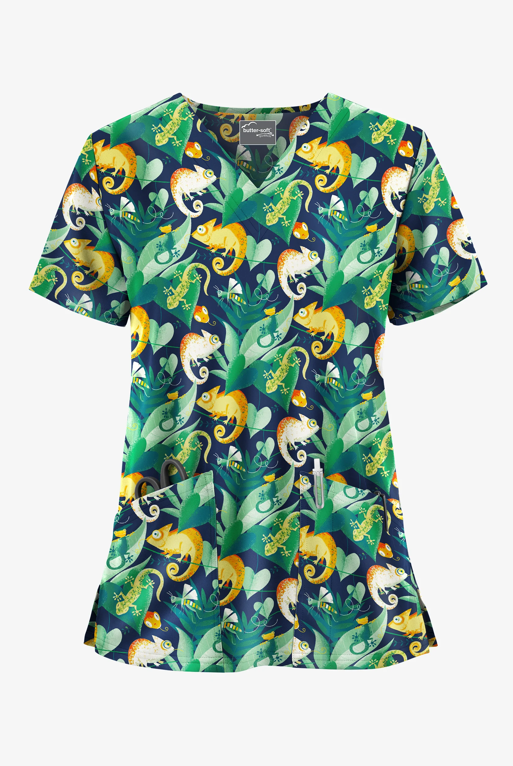 Butter-Soft STRETCH Gecko World Navy Women's 2-Pocket V-Neck Print Scrub Top
