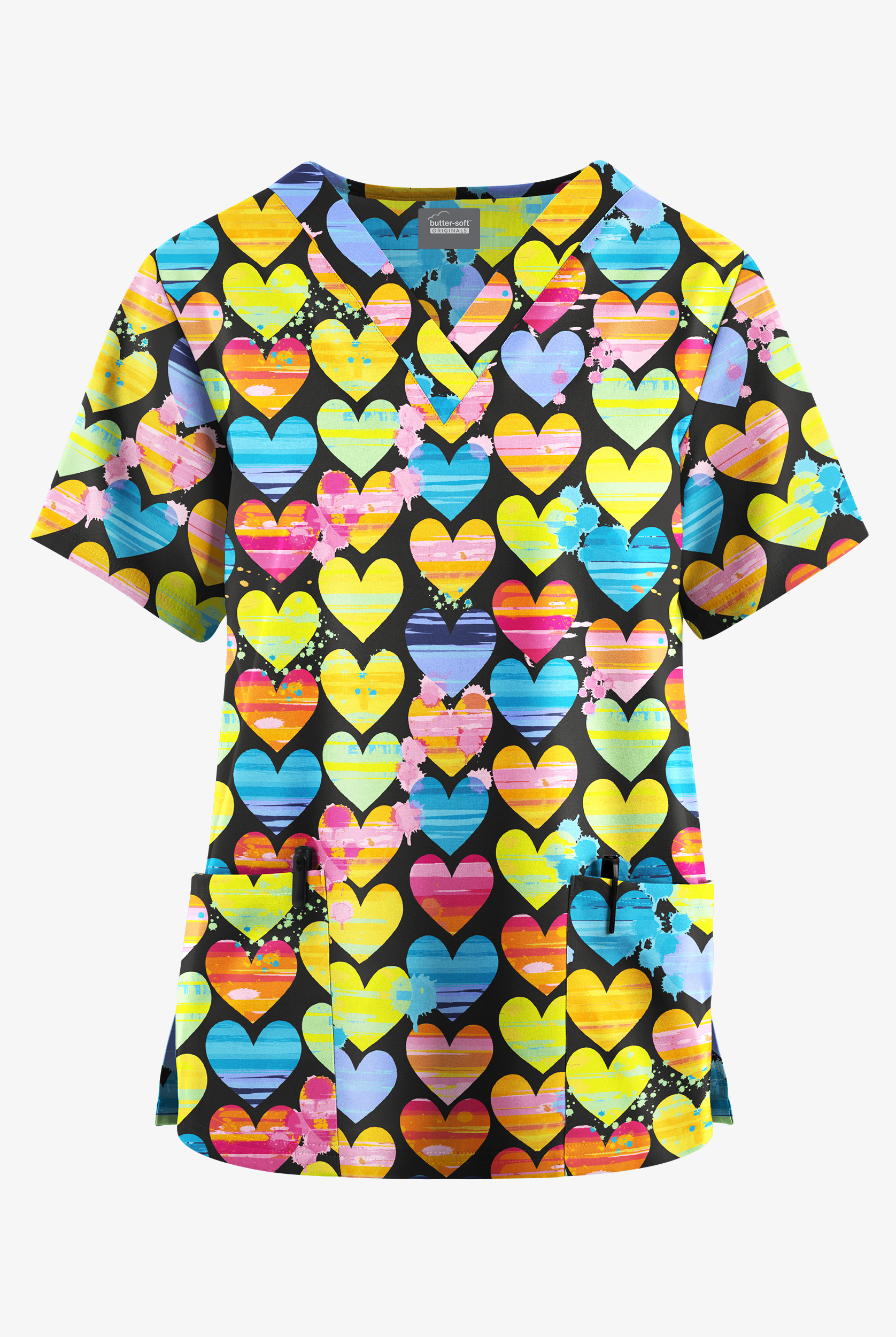 Butter-Soft Originals Painted Hearts Navy Women's 2-Pocket Classic Fit V-Neck Print Scrub Top