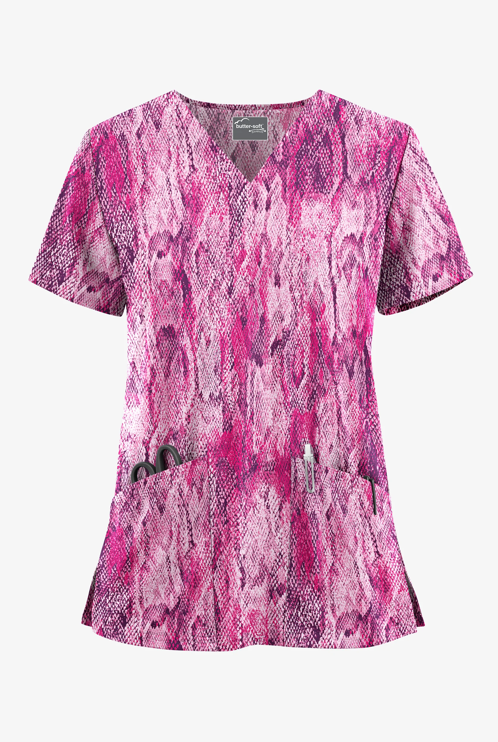 Butter-Soft STRETCH Lux Python Eggplant Women's 2-Pocket V-Neck Print Scrub Top