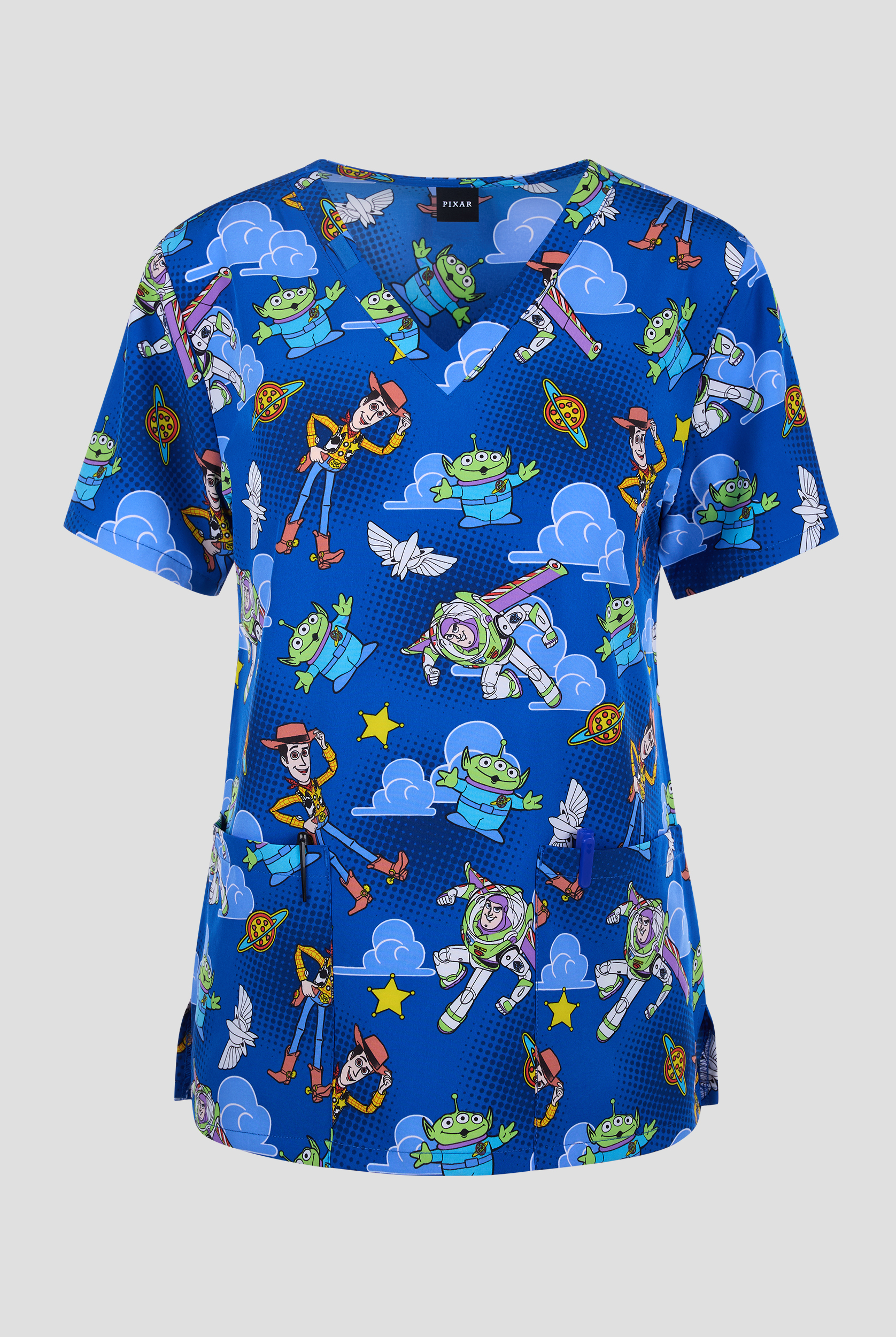 Tooniforms Disney's Andy’s Room Women's 2-Pocket STRETCH V-Neck Print Scrub Top
