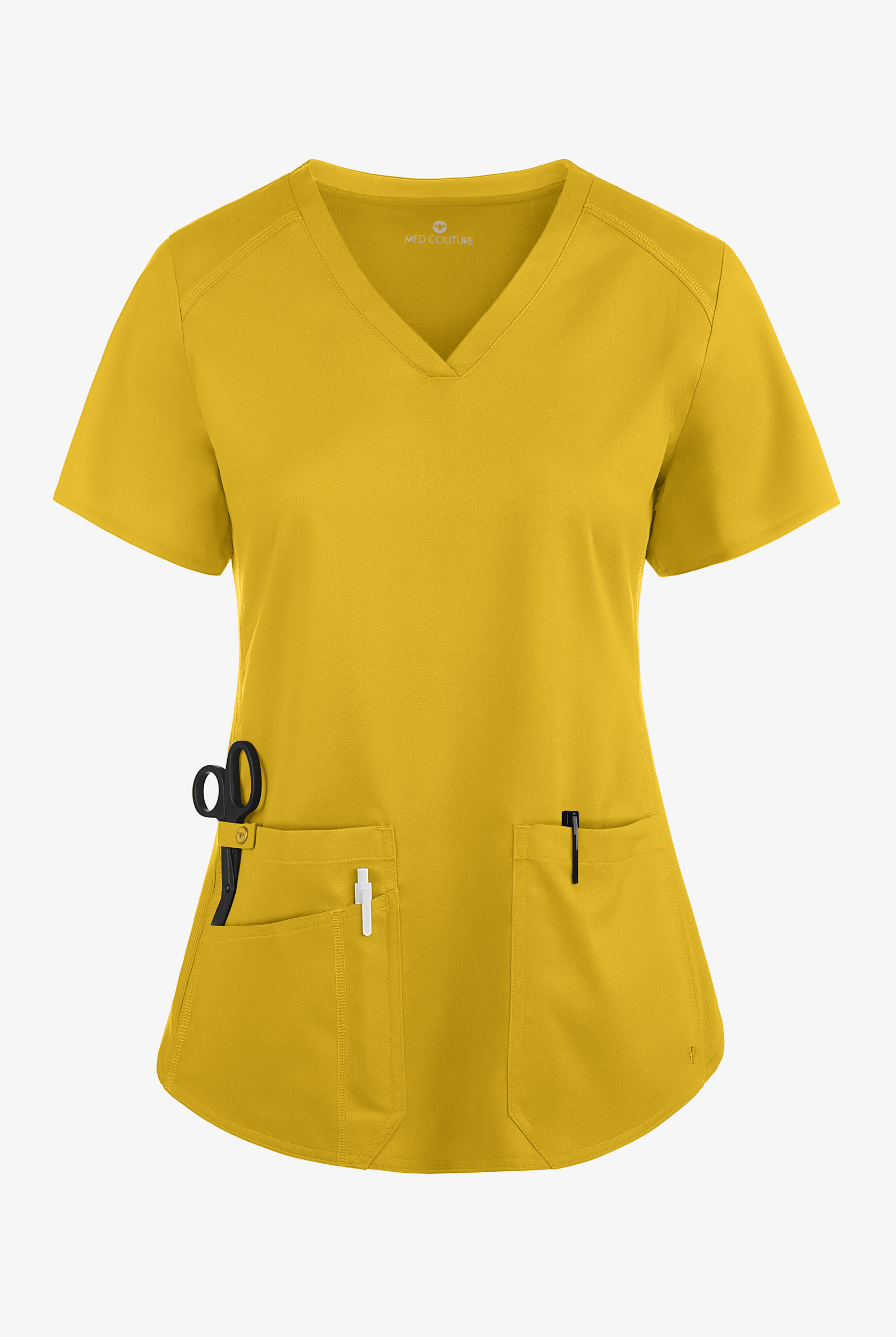 Med Couture Touch Women's 3-Pocket STRETCH Rib-Knit Side Panels Shirttail V-Neck Scrub Top