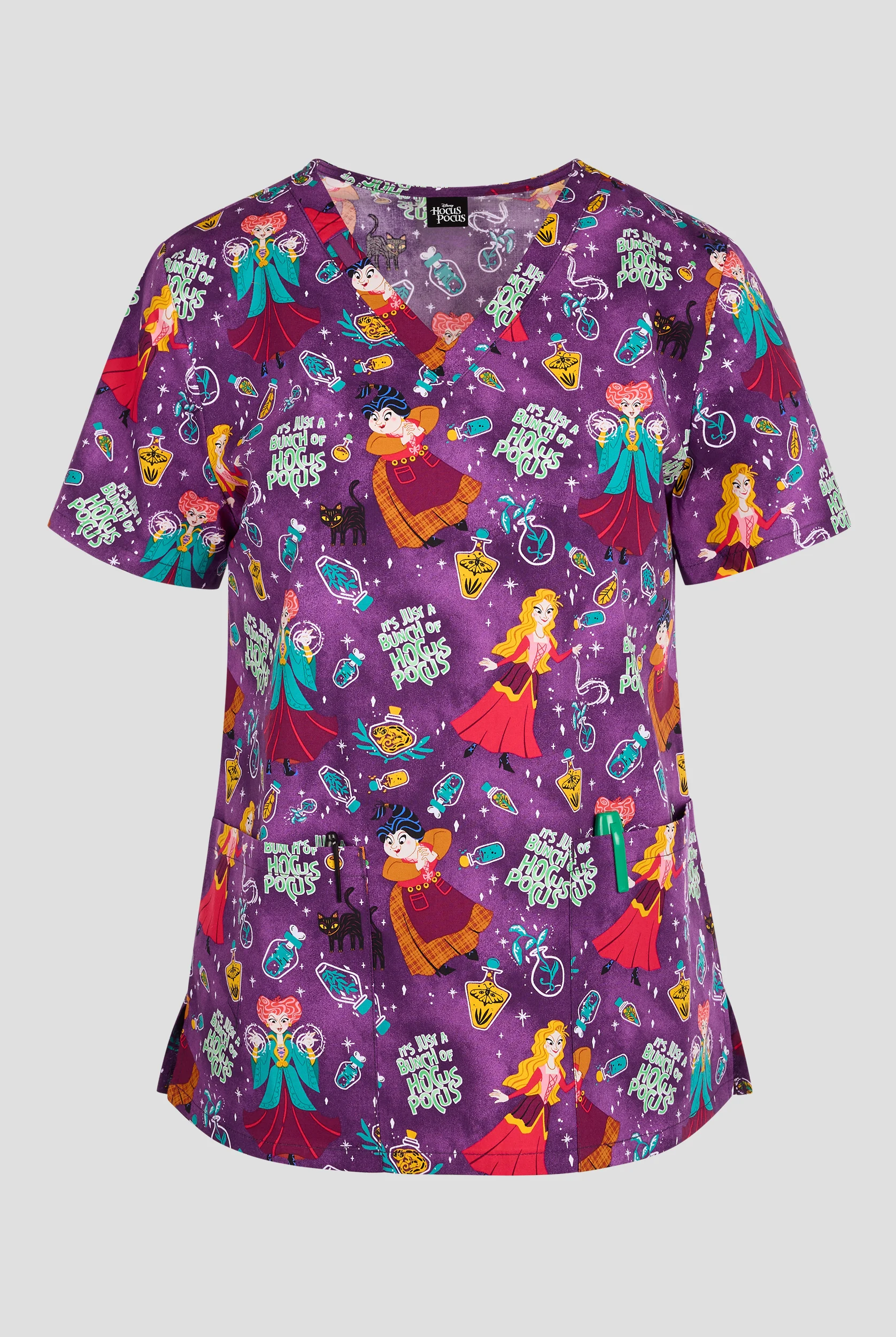 Tooniforms Disney's Bunch Of Hocus Pocus Women's 2-Pocket STRETCH V-Neck Print Scrub Top