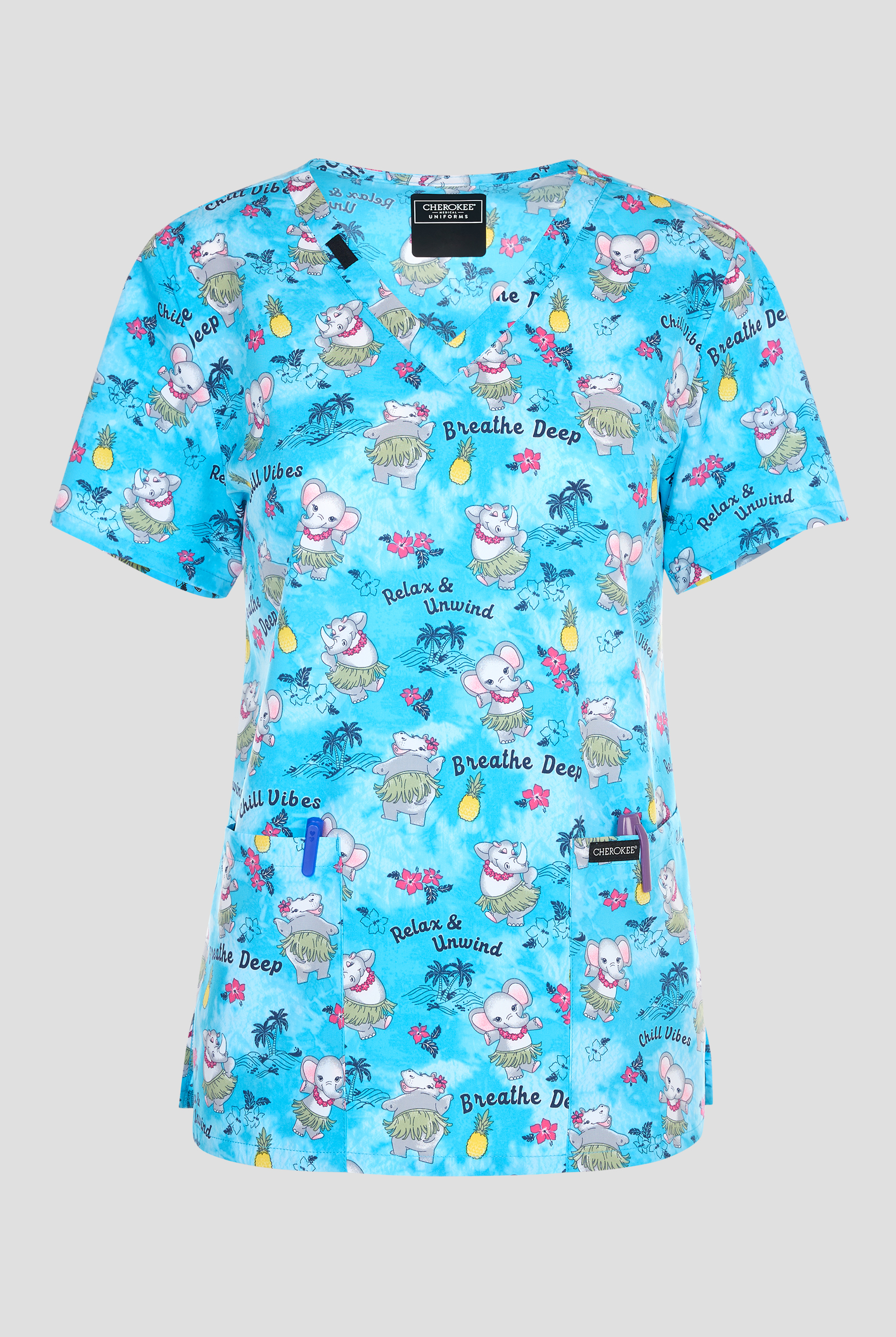 Cherokee Hula Party Women's 2-Pocket STRETCH V-Neck Print Scrub Top