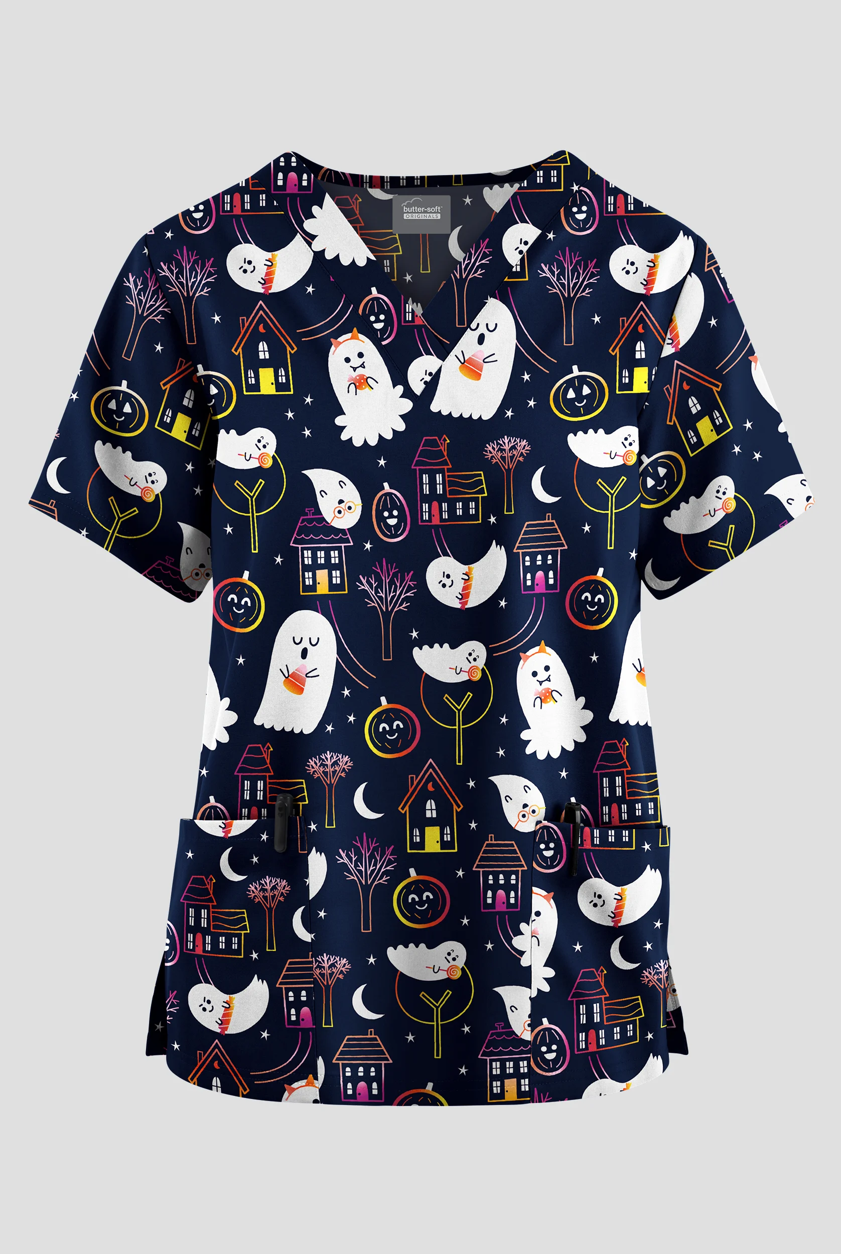 Blusa médica estampada Butter-soft Originals Free Spirits Navy con cuello en V y 2 bolsillos para mujer