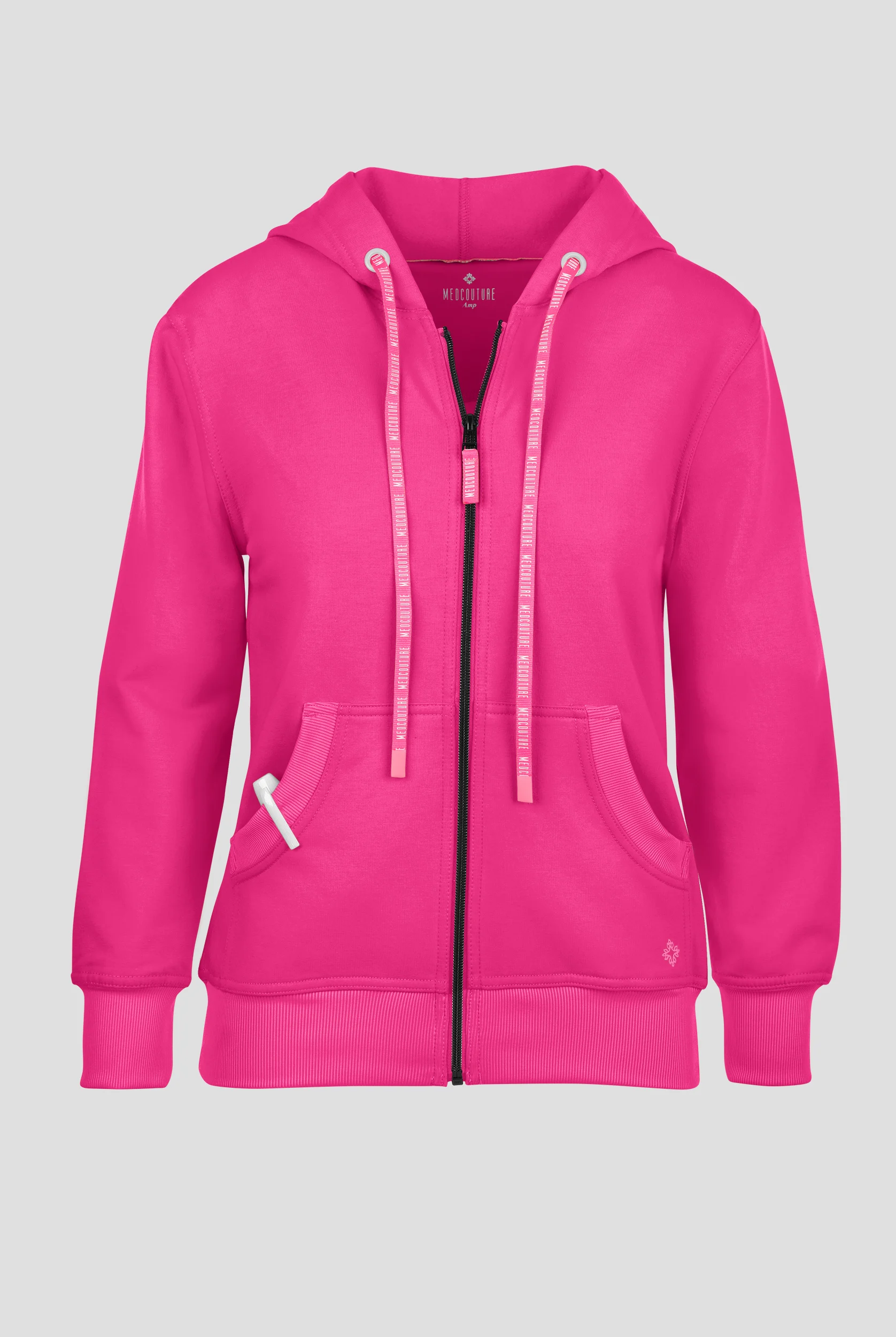 Med Couture Amp Women's 2-Pocket STRETCH Knit Embossed Logo Zip Hoodie Scrub Jacket