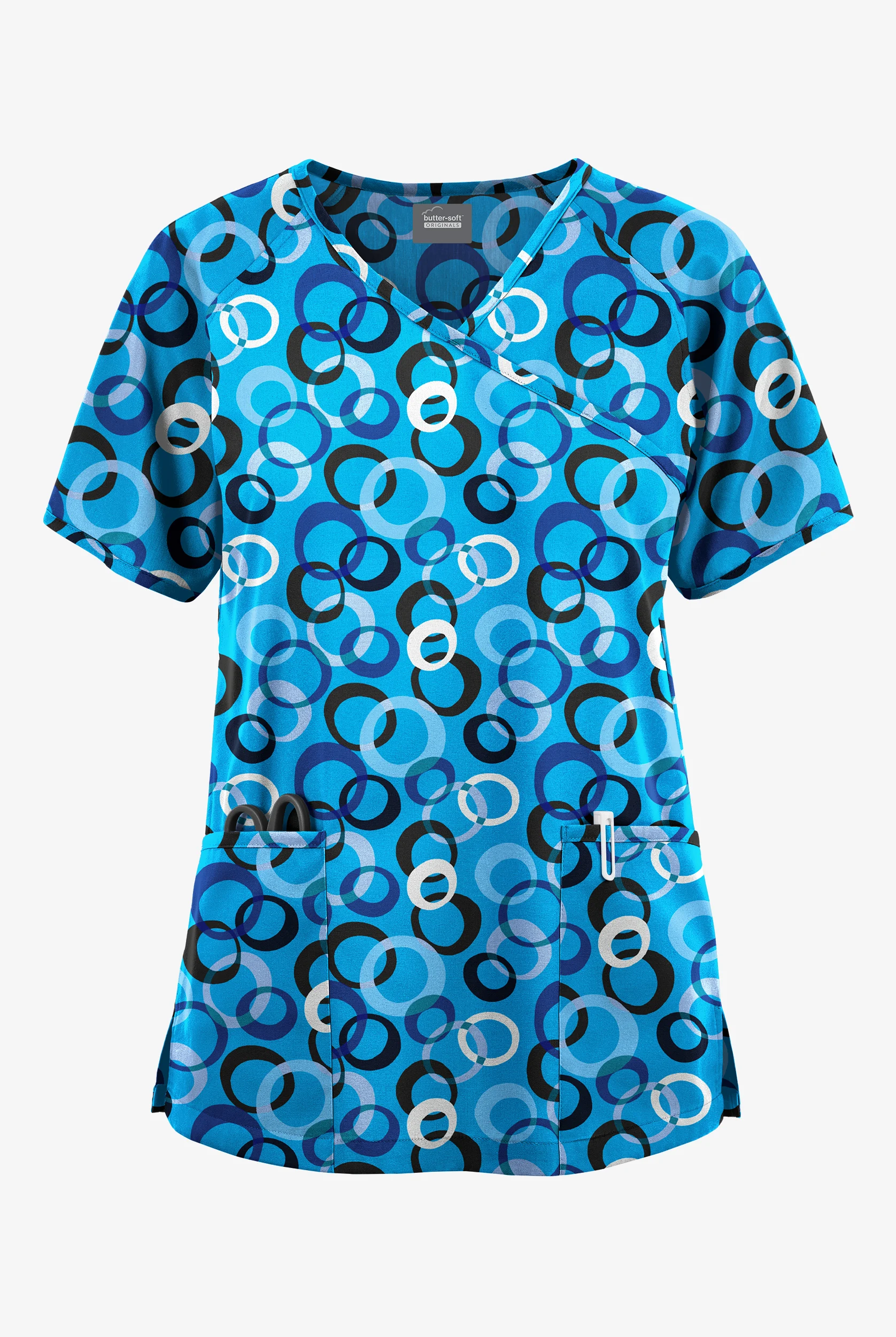 Butter-Soft Originals Groovy Geo Women's 3-Pocket Raglan Sleeve Mock Wrap Print Scrub Top