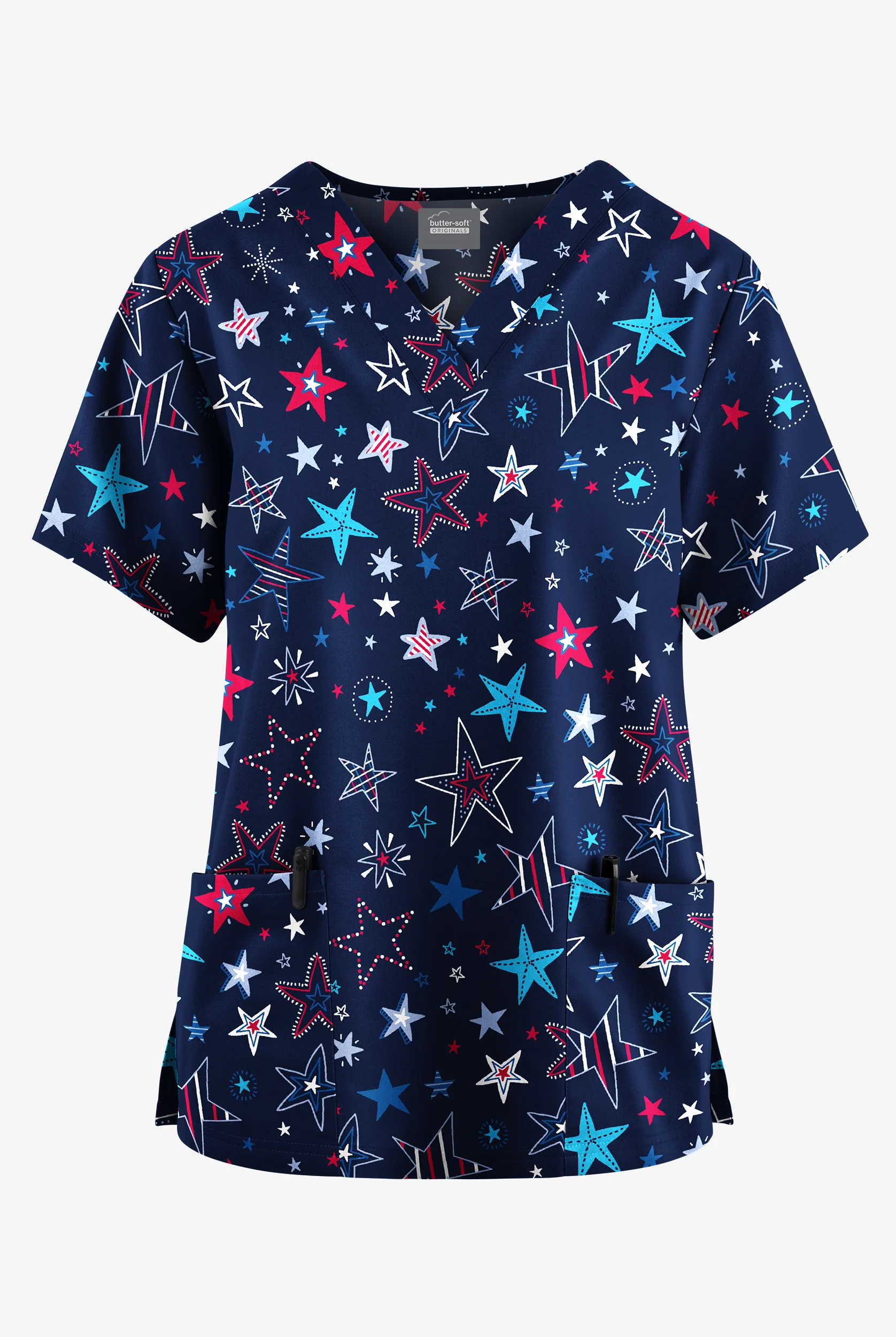 Butter-Soft Originals Patriotic Stars Navy Women's 2-Pocket V-Neck Print Scrub Top