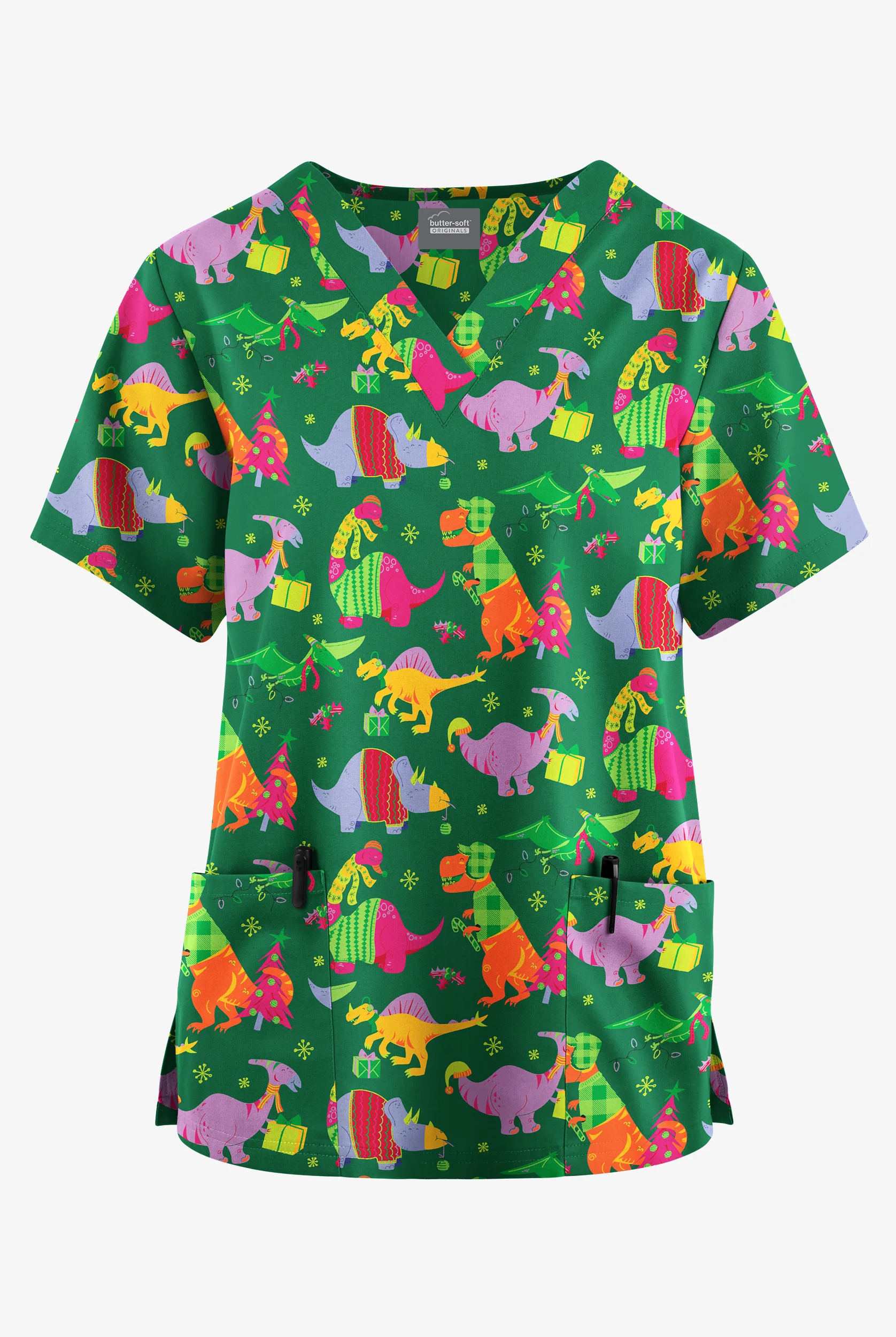 Butter-Soft Originals Santa Saurus Hunter Women's 2-Pocket Classic Fit V-Neck Print Scrub Top