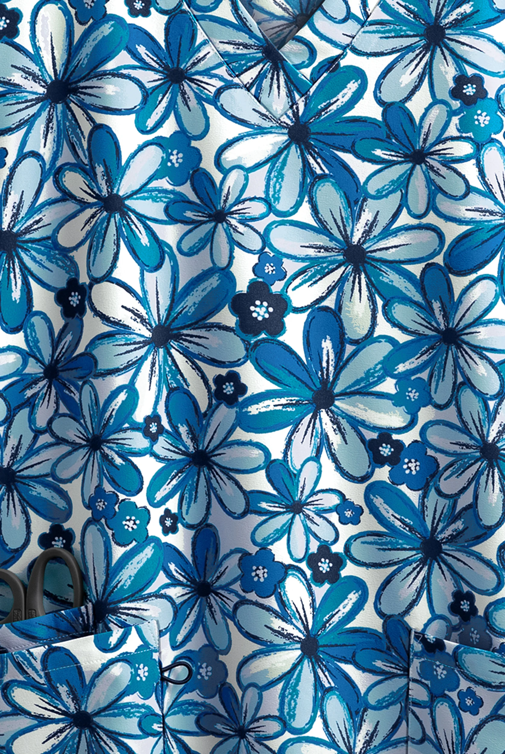 Green Town Forever Flowers Women's 3-Pocket V-Neck STRETCH Print Scrub Top